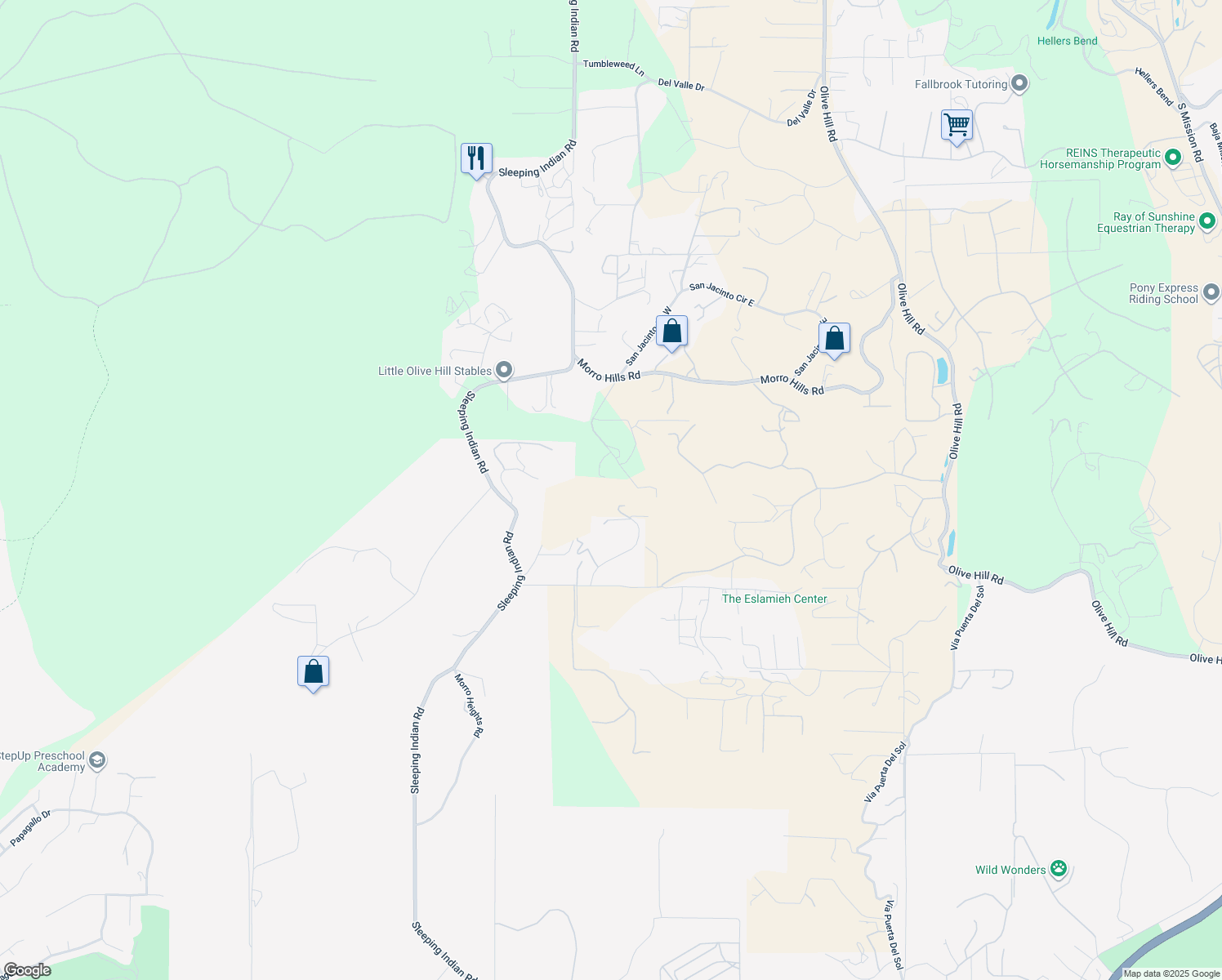 map of restaurants, bars, coffee shops, grocery stores, and more near 5246 San Jacinto Circle West in Fallbrook