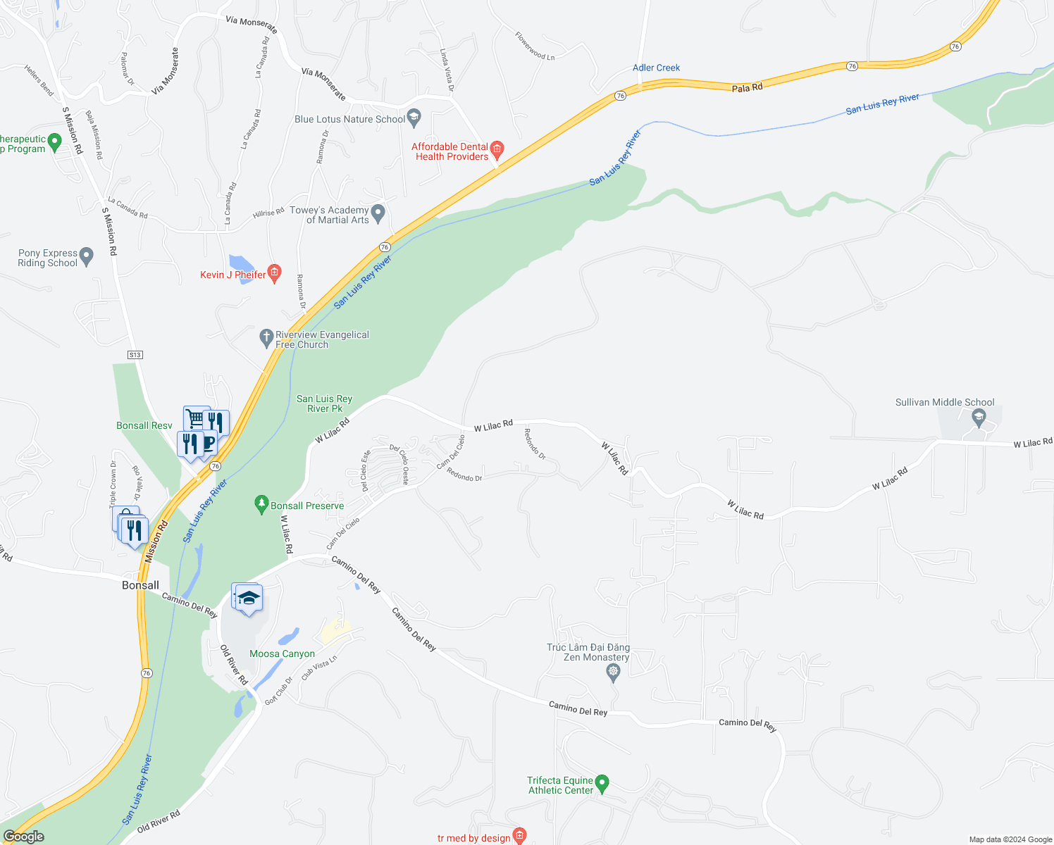 map of restaurants, bars, coffee shops, grocery stores, and more near 5748 Redondo Drive in Bonsall