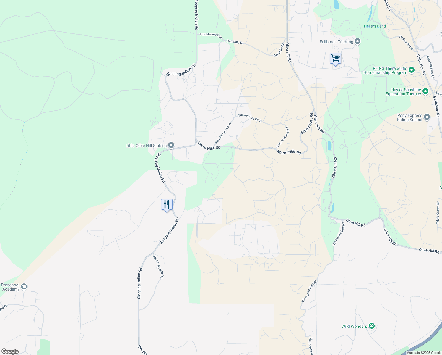 map of restaurants, bars, coffee shops, grocery stores, and more near 5088 San Jacinto Circle West in Fallbrook