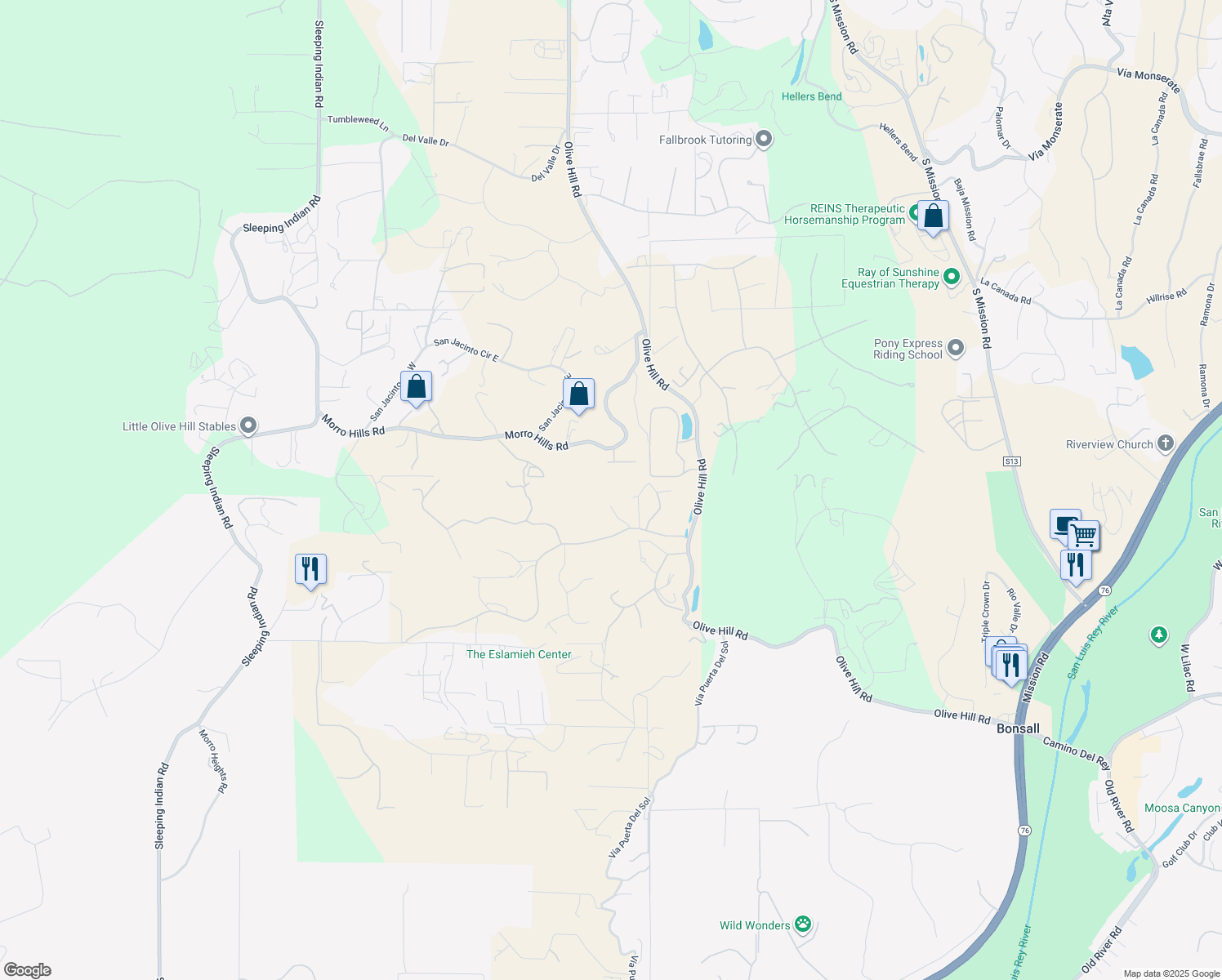 map of restaurants, bars, coffee shops, grocery stores, and more near 5120 Creek Oak Drive in Fallbrook