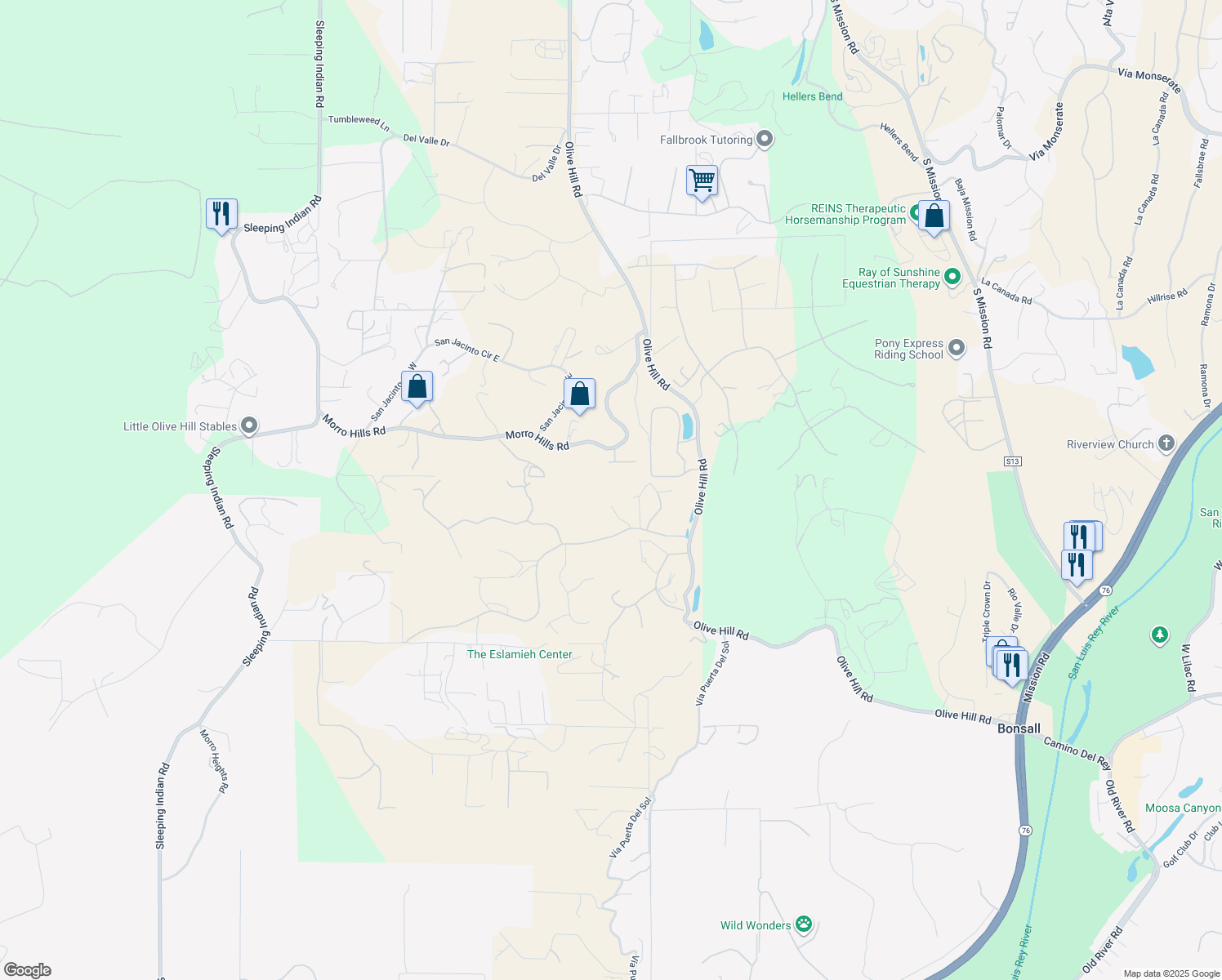 map of restaurants, bars, coffee shops, grocery stores, and more near 5120 Creek Oak Drive in Fallbrook