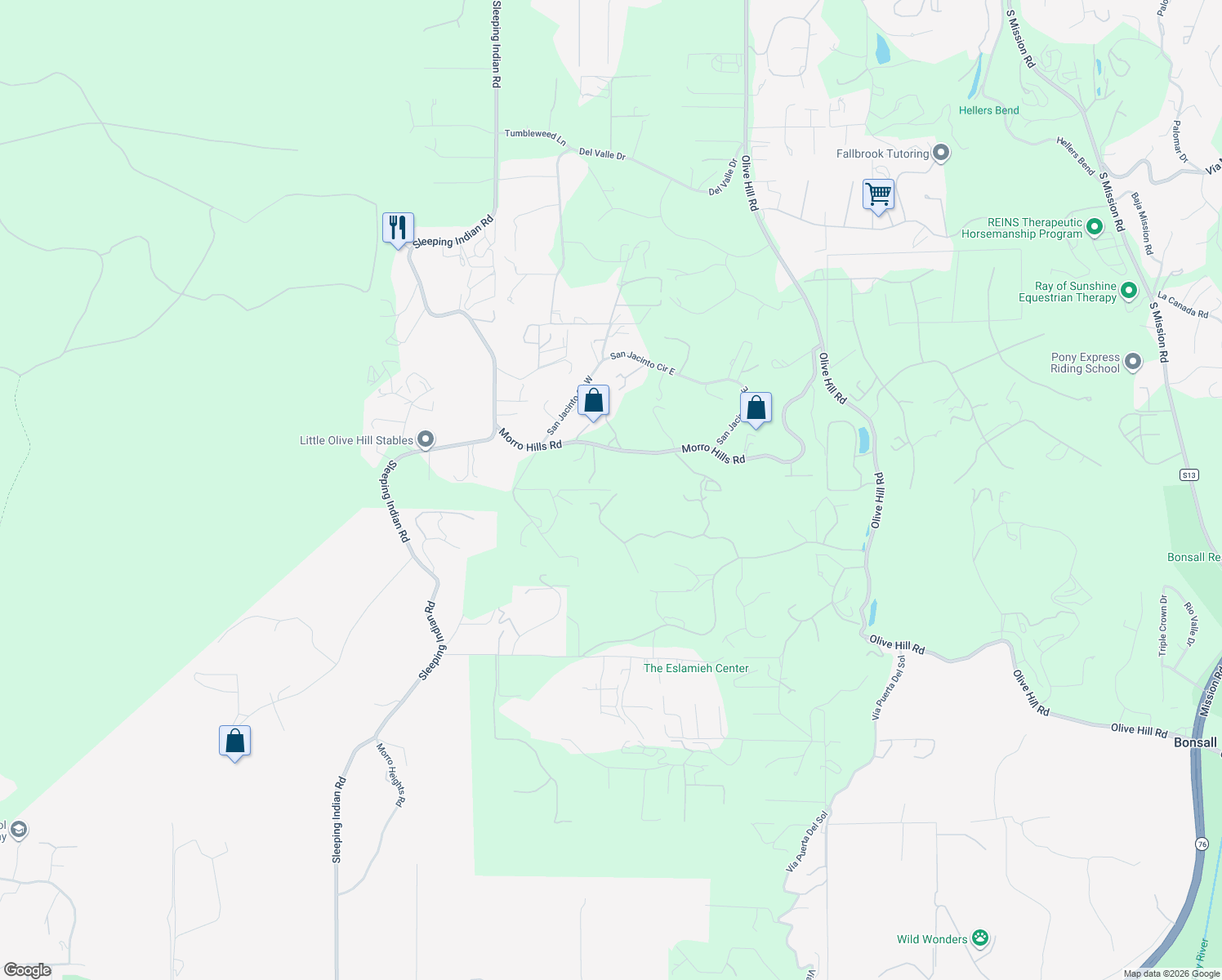 map of restaurants, bars, coffee shops, grocery stores, and more near 400 Solana Real in Fallbrook