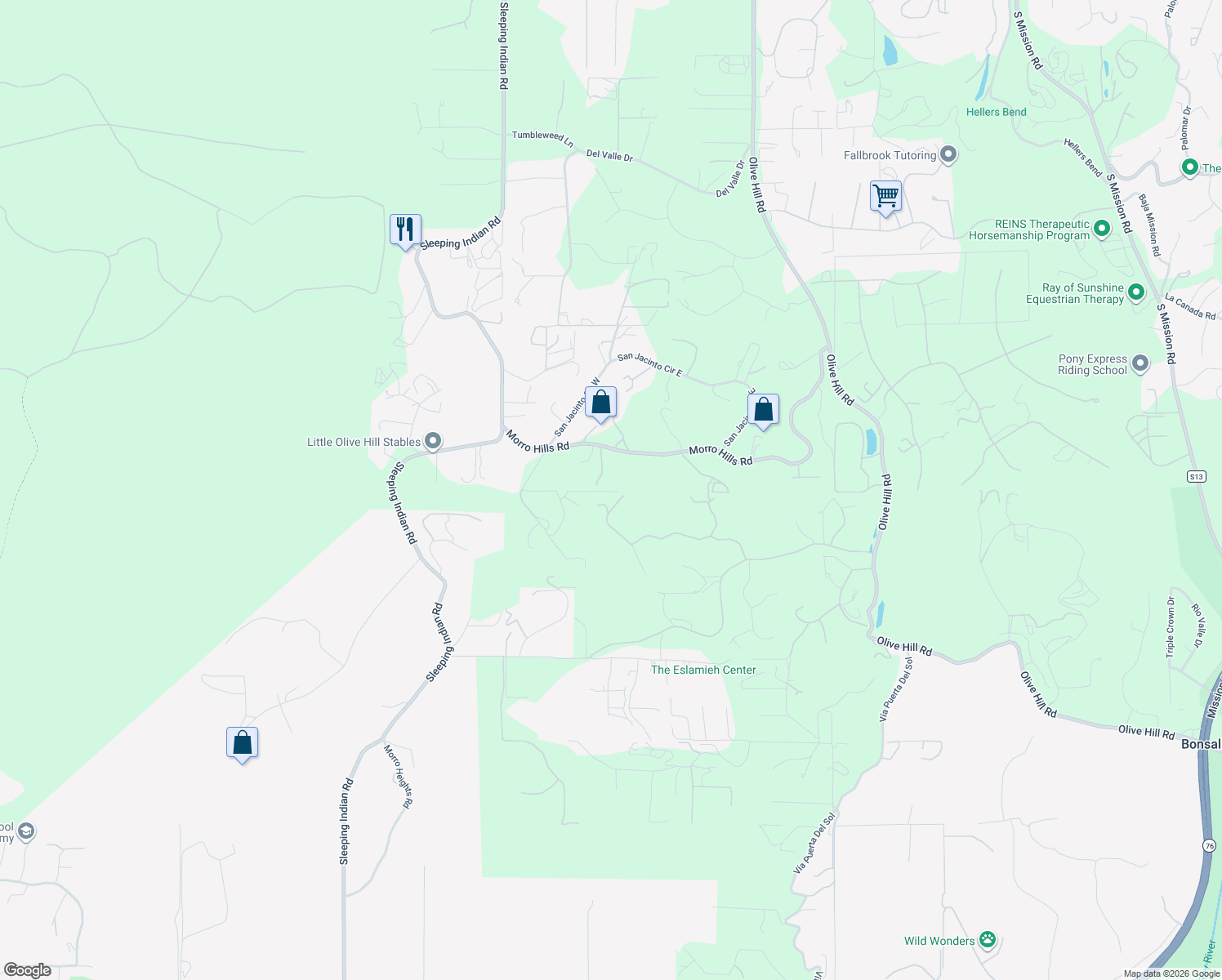 map of restaurants, bars, coffee shops, grocery stores, and more near 405 Solana Real in Fallbrook