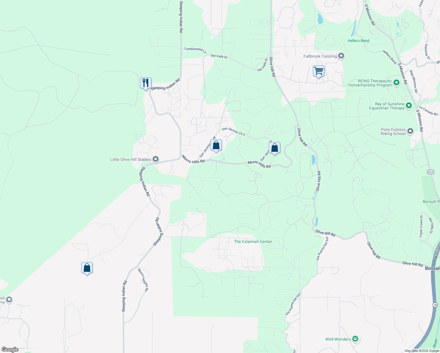 map of restaurants, bars, coffee shops, grocery stores, and more near 400 Solana Real in Fallbrook