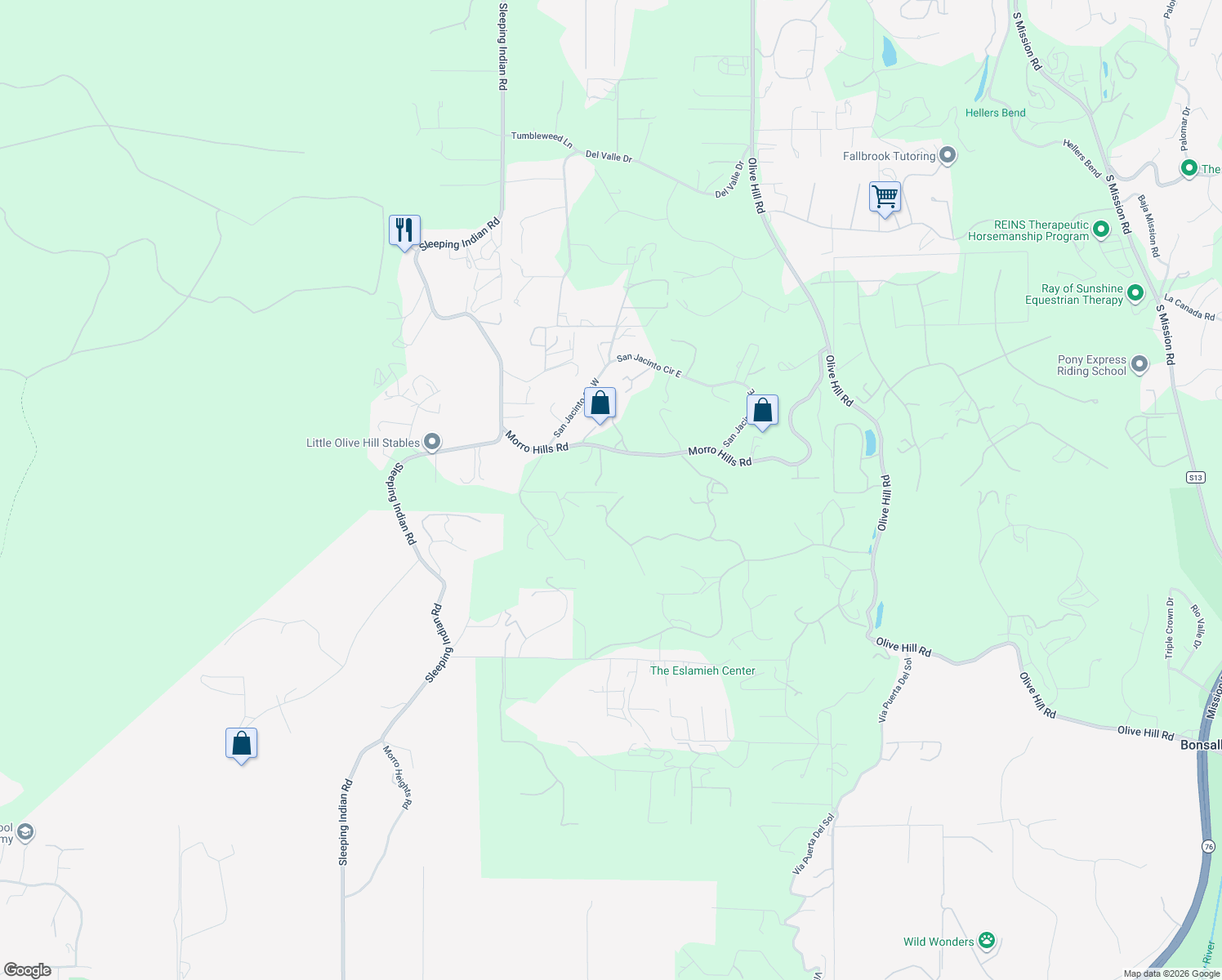 map of restaurants, bars, coffee shops, grocery stores, and more near 405 Solana Real in Fallbrook