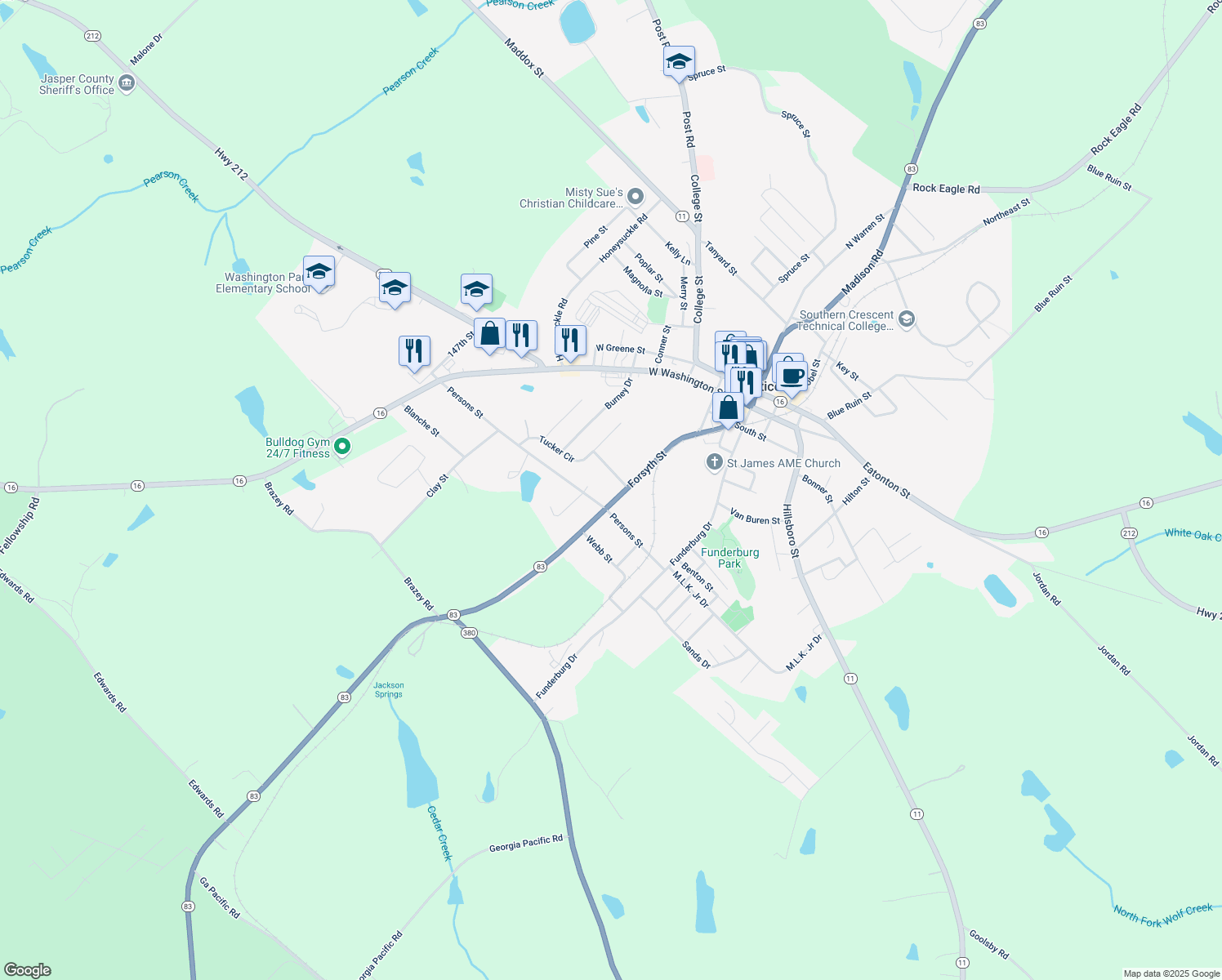 map of restaurants, bars, coffee shops, grocery stores, and more near 940 Forsyth Street in Monticello