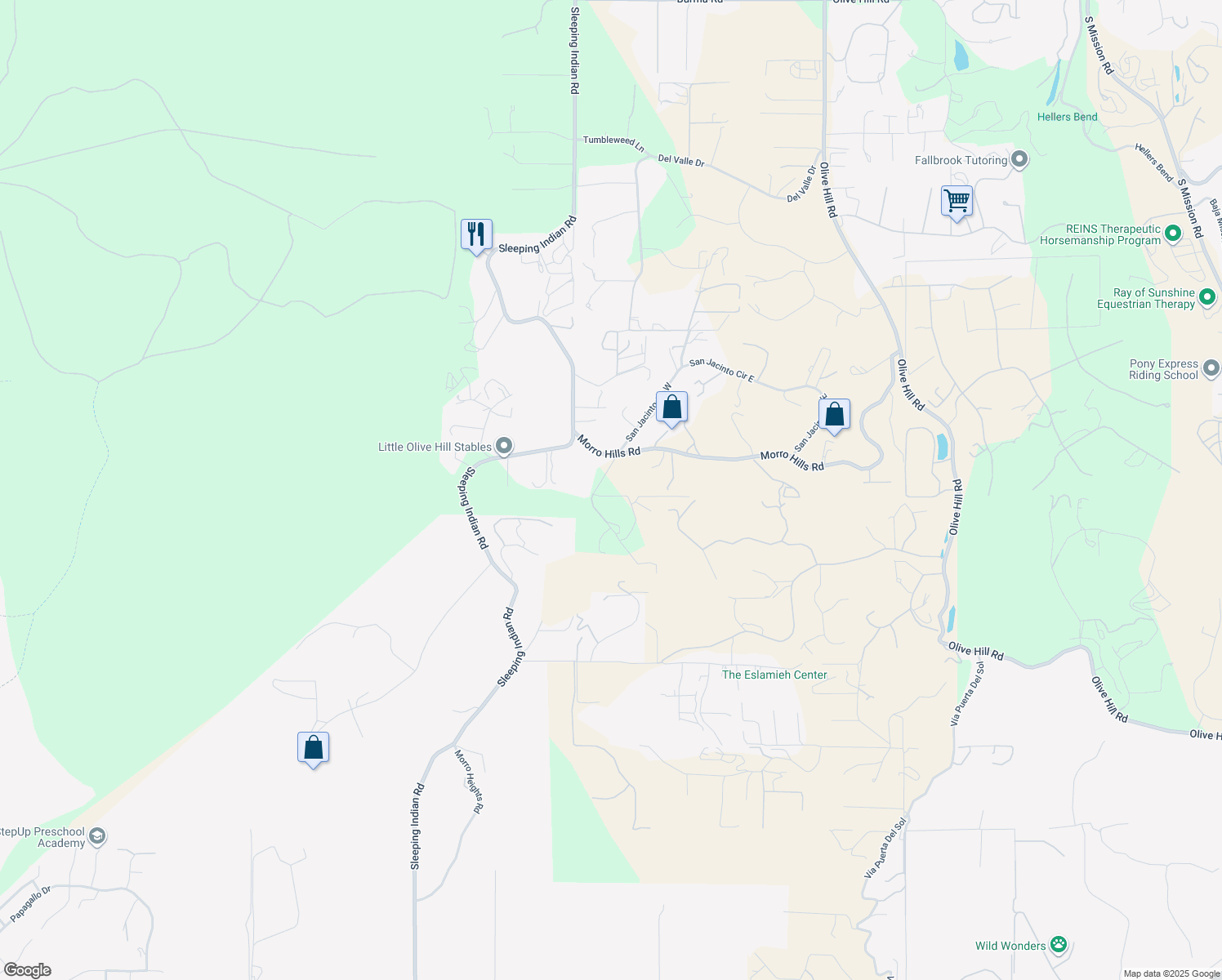 map of restaurants, bars, coffee shops, grocery stores, and more near 5030 San Jacinto Circle West in Fallbrook