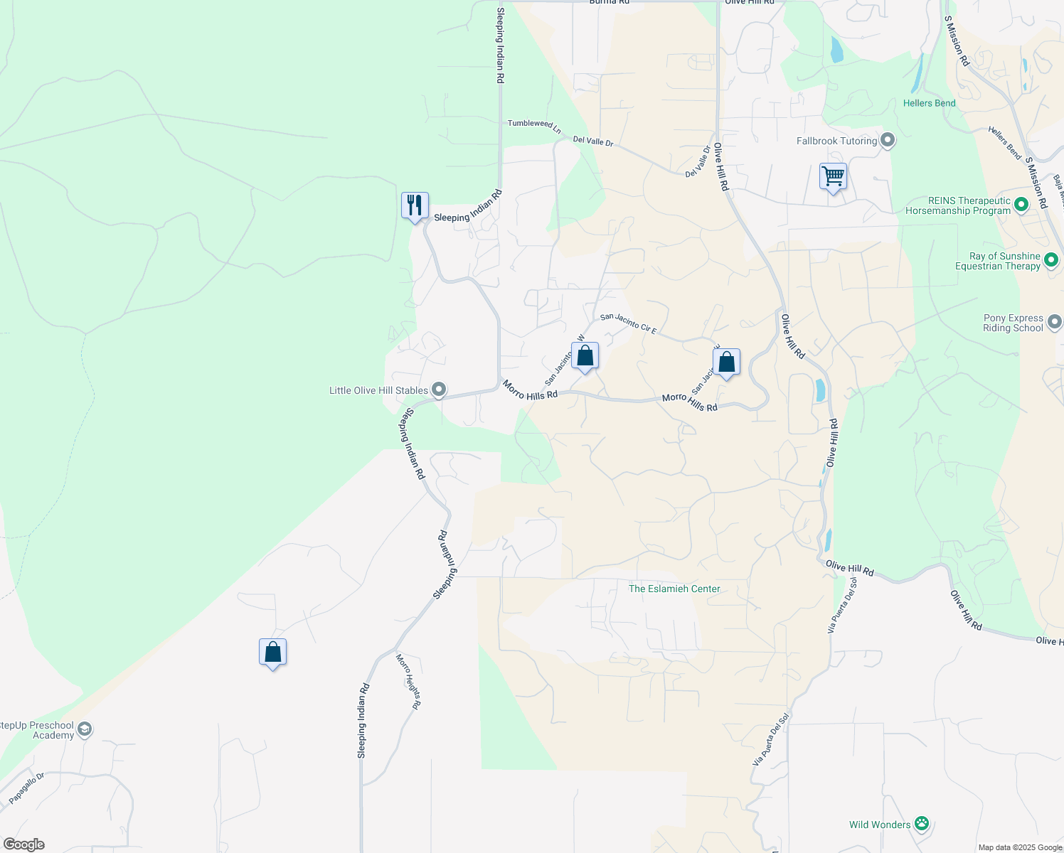 map of restaurants, bars, coffee shops, grocery stores, and more near 5030 San Jacinto Circle West in Fallbrook