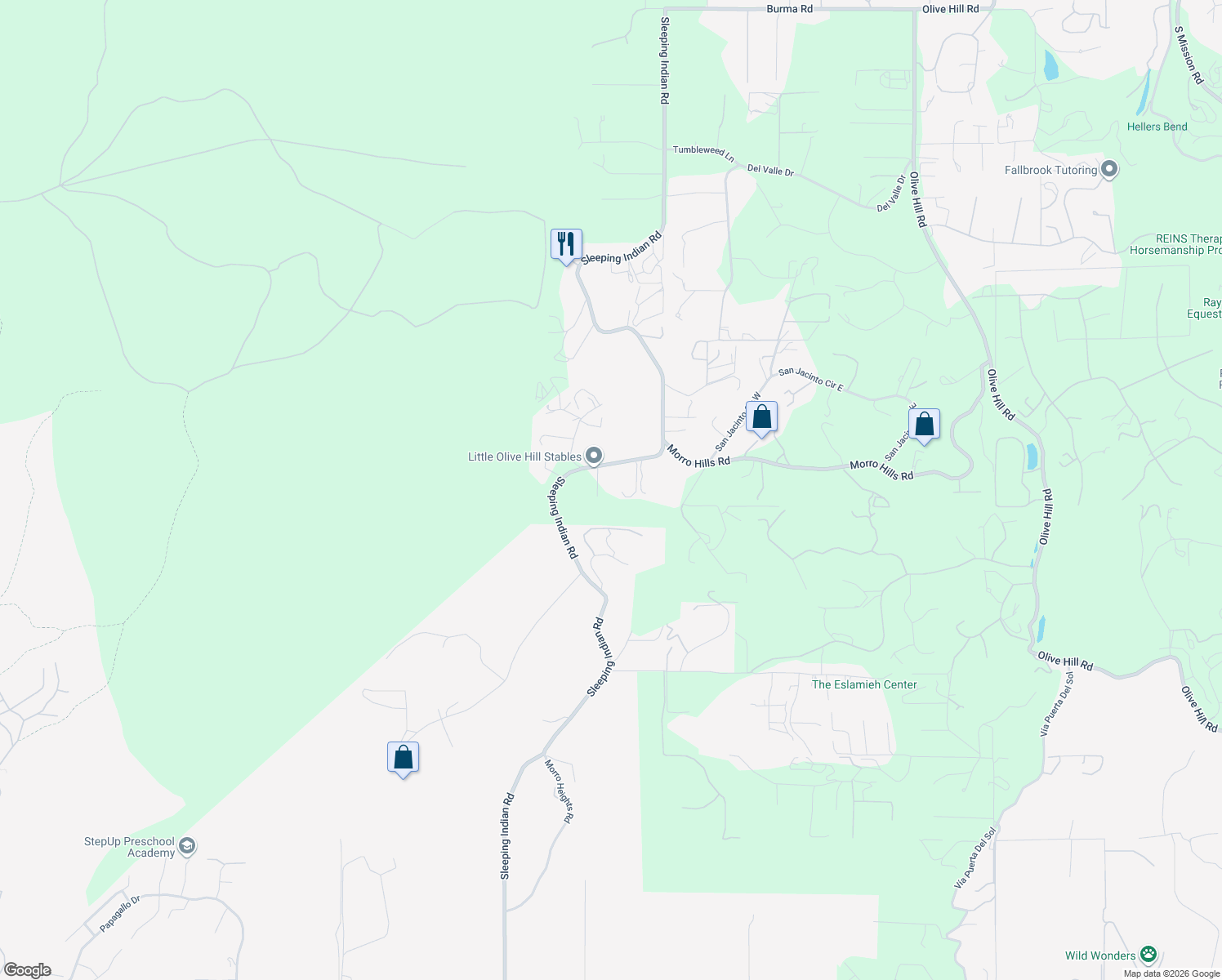 map of restaurants, bars, coffee shops, grocery stores, and more near 5020 Sleeping Indian Road in Fallbrook