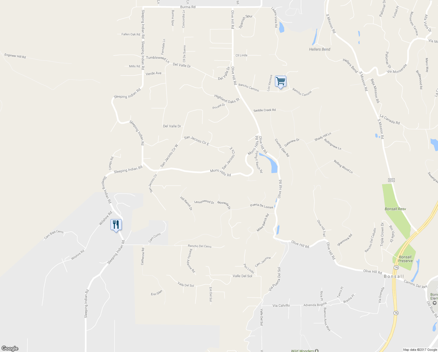 map of restaurants, bars, coffee shops, grocery stores, and more near 396 Morro Hills Road in Fallbrook