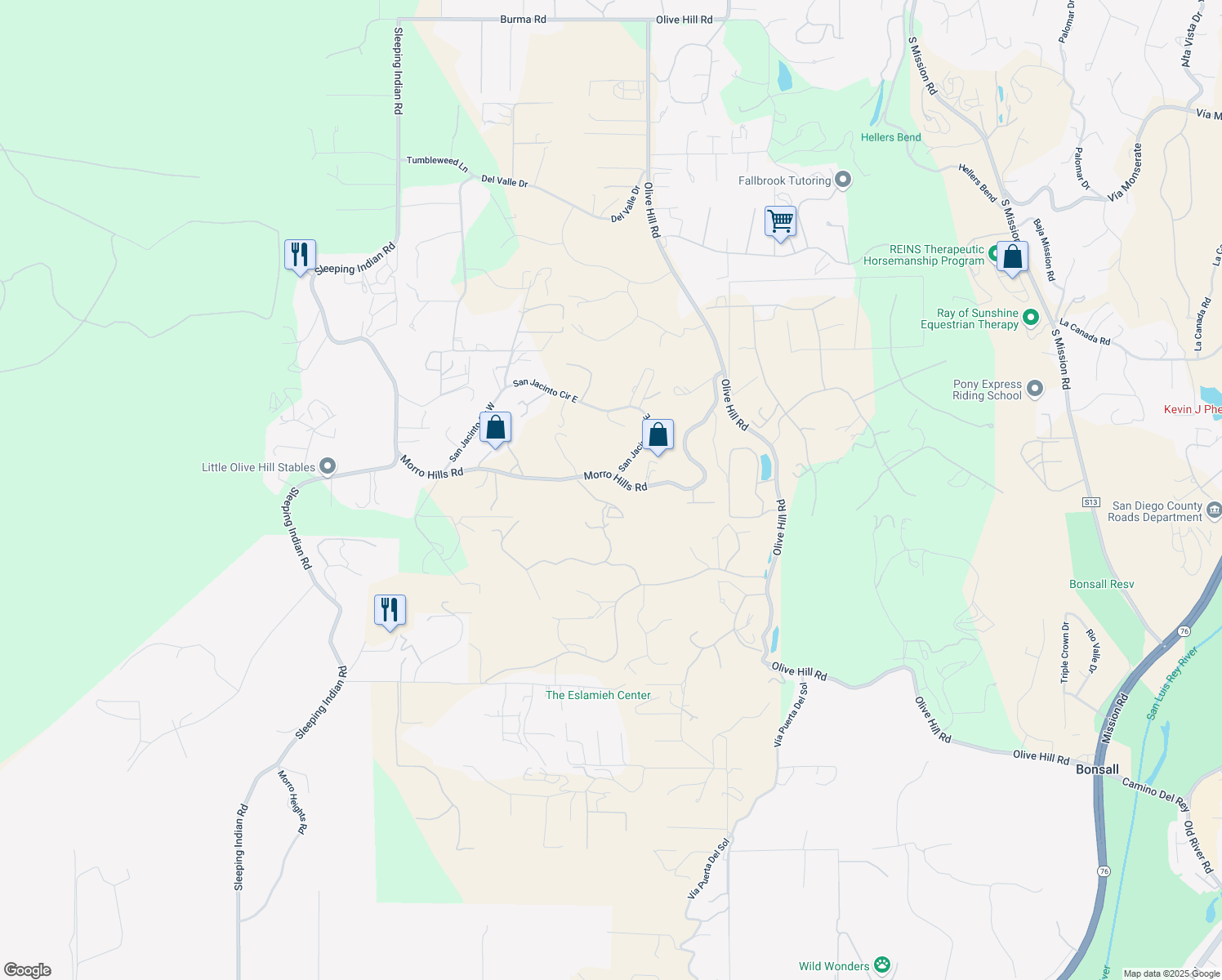 map of restaurants, bars, coffee shops, grocery stores, and more near 396 Morro Hills Road in Fallbrook
