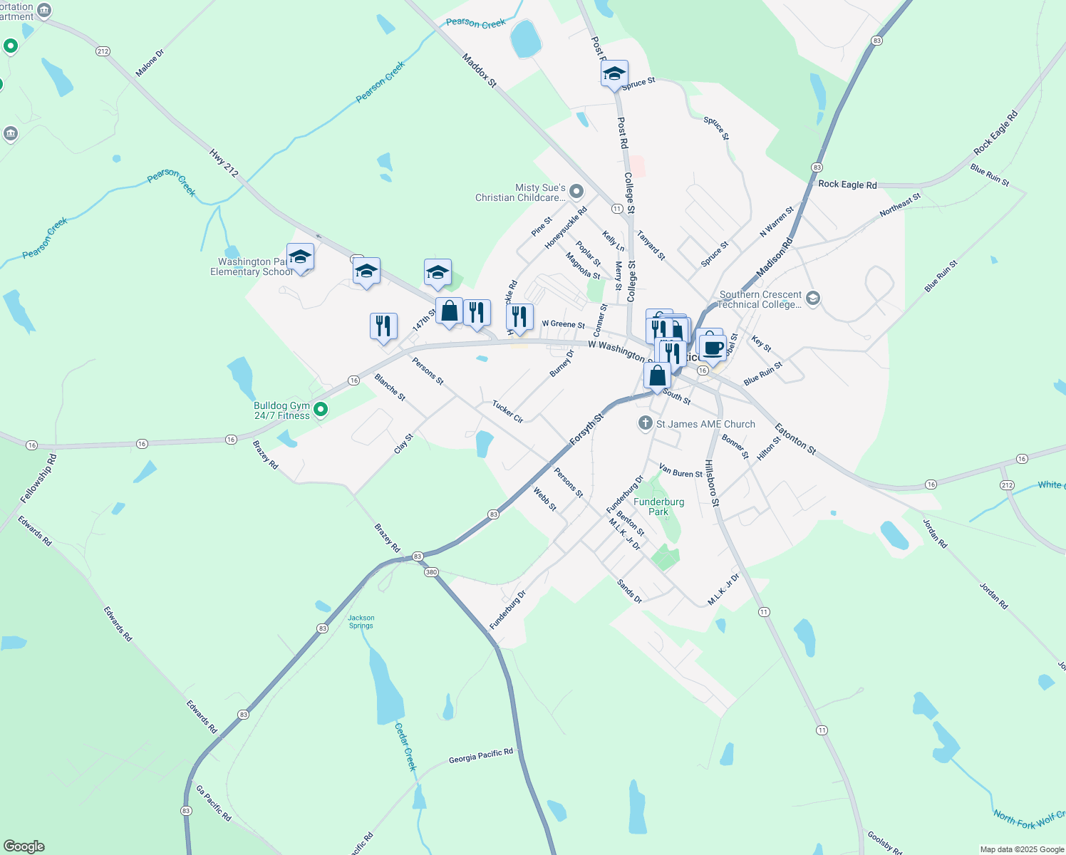 map of restaurants, bars, coffee shops, grocery stores, and more near 99 Tucker Circle in Monticello