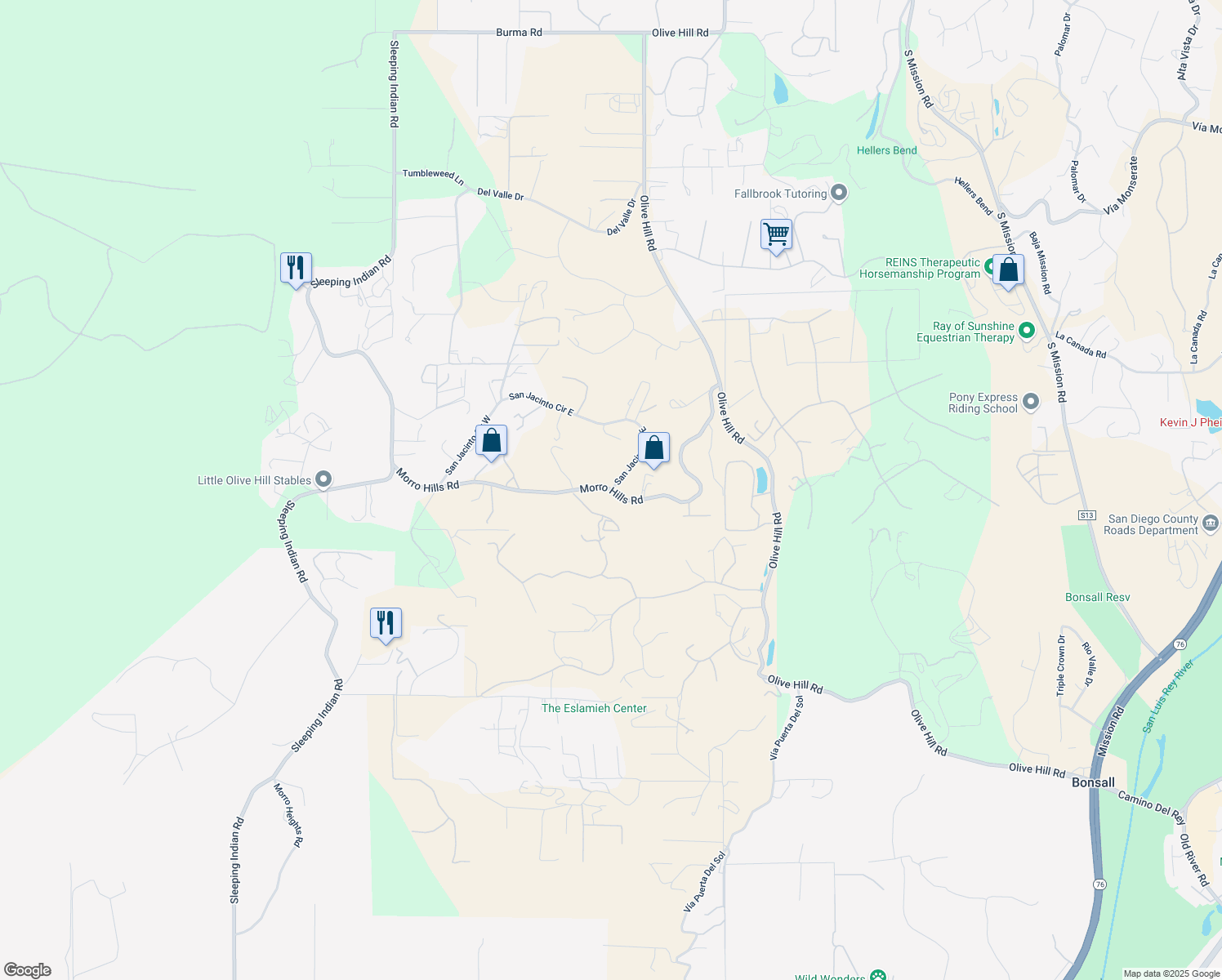 map of restaurants, bars, coffee shops, grocery stores, and more near 5260 San Jacinto Circle West in Fallbrook