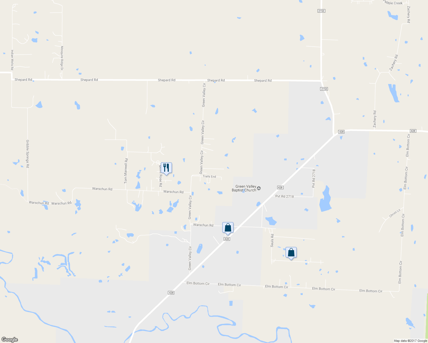 map of restaurants, bars, coffee shops, grocery stores, and more near 6226 Green Valley Circle in Aubrey