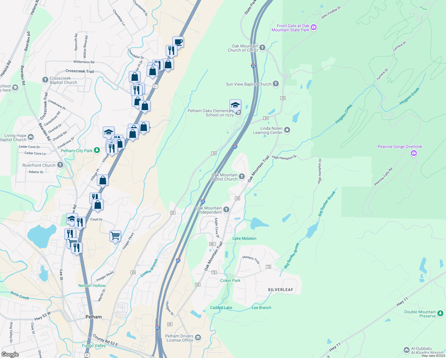 map of restaurants, bars, coffee shops, grocery stores, and more near 1825 County Road 35 in Pelham
