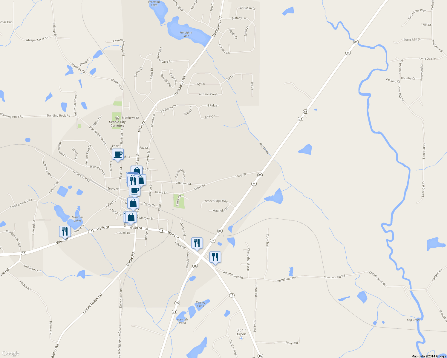 map of restaurants, bars, coffee shops, grocery stores, and more near 525 Seavy Street in Senoia
