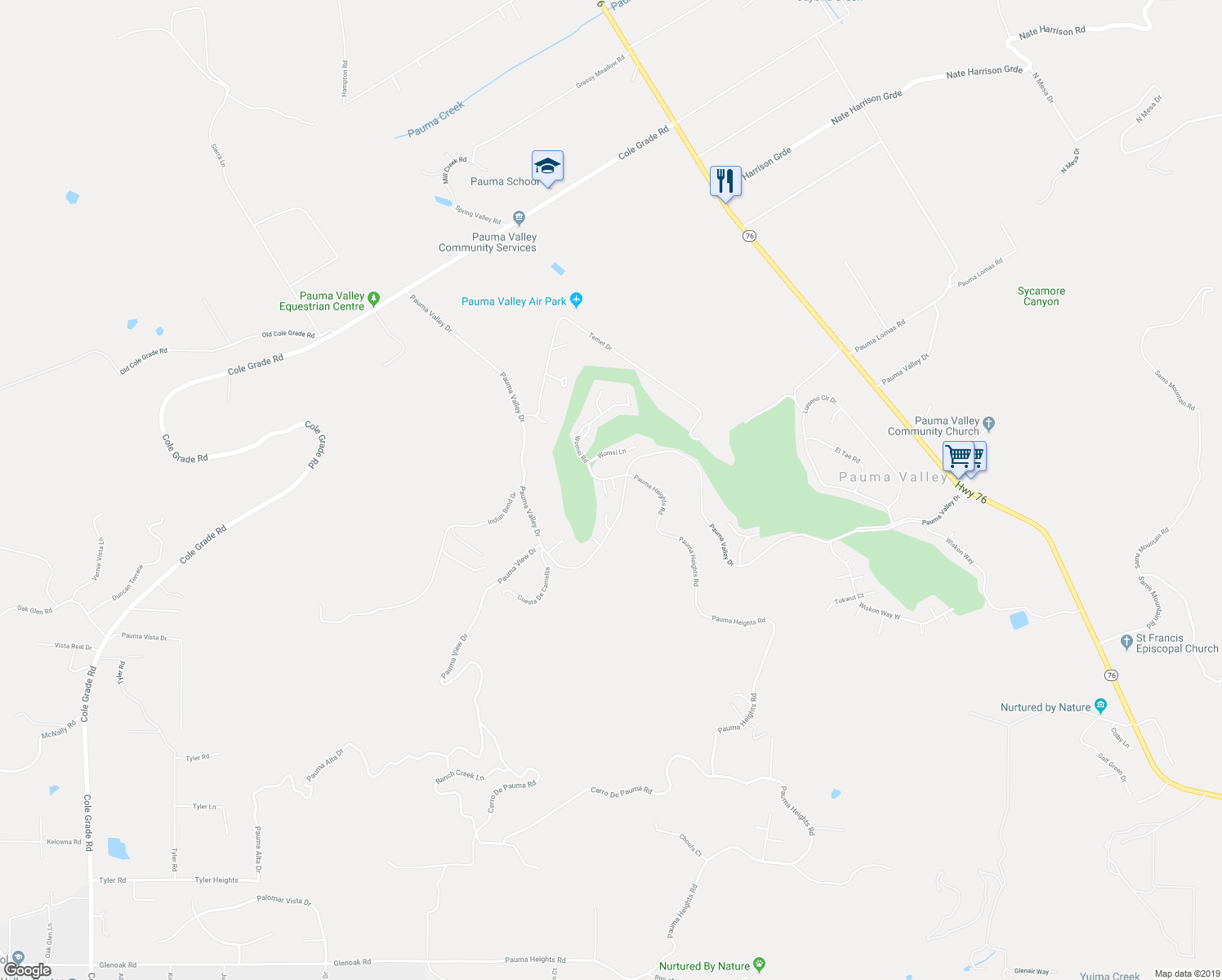 map of restaurants, bars, coffee shops, grocery stores, and more near 32416 Womsi Road in Pauma Valley