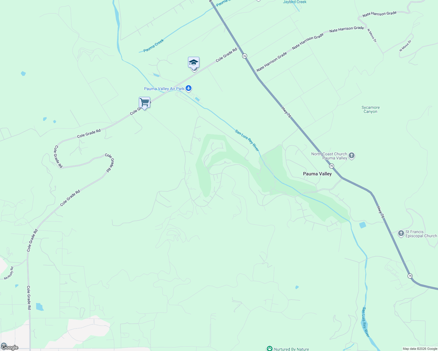 map of restaurants, bars, coffee shops, grocery stores, and more near 32404 Womsi Road in Pauma Valley