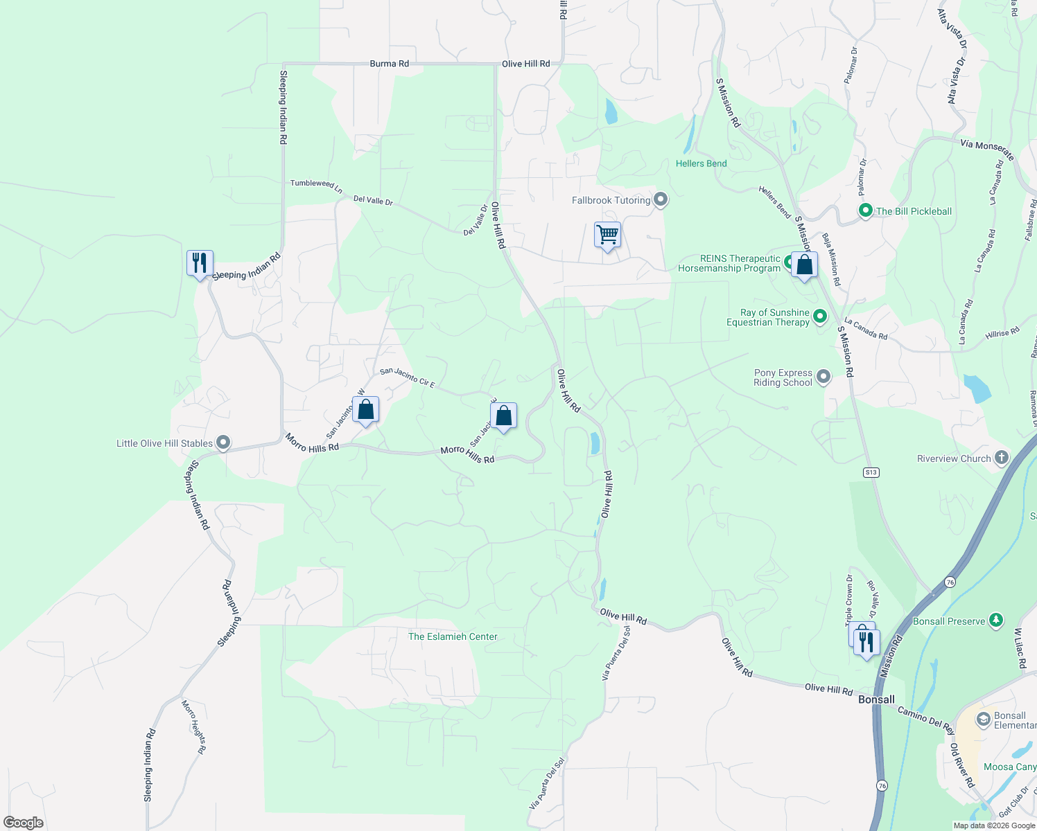 map of restaurants, bars, coffee shops, grocery stores, and more near 197 Morro Hills Road in Fallbrook
