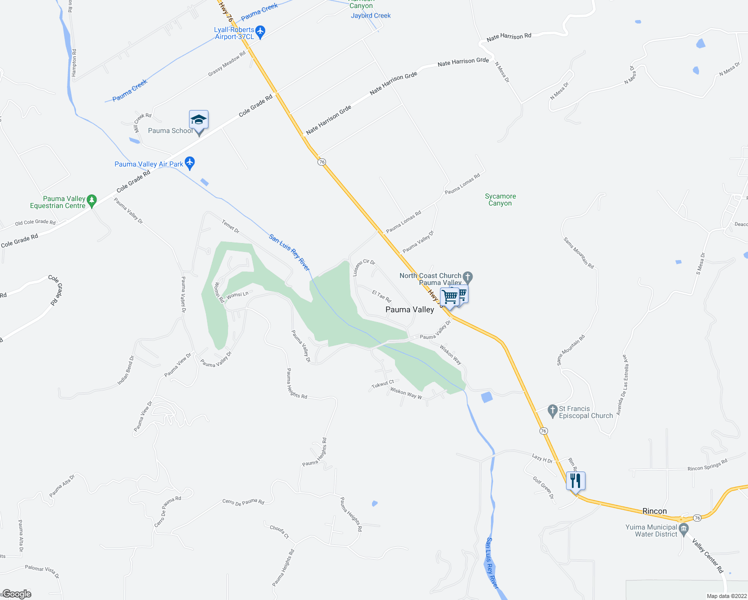 map of restaurants, bars, coffee shops, grocery stores, and more near 16057 El Tae Road in Pauma Valley