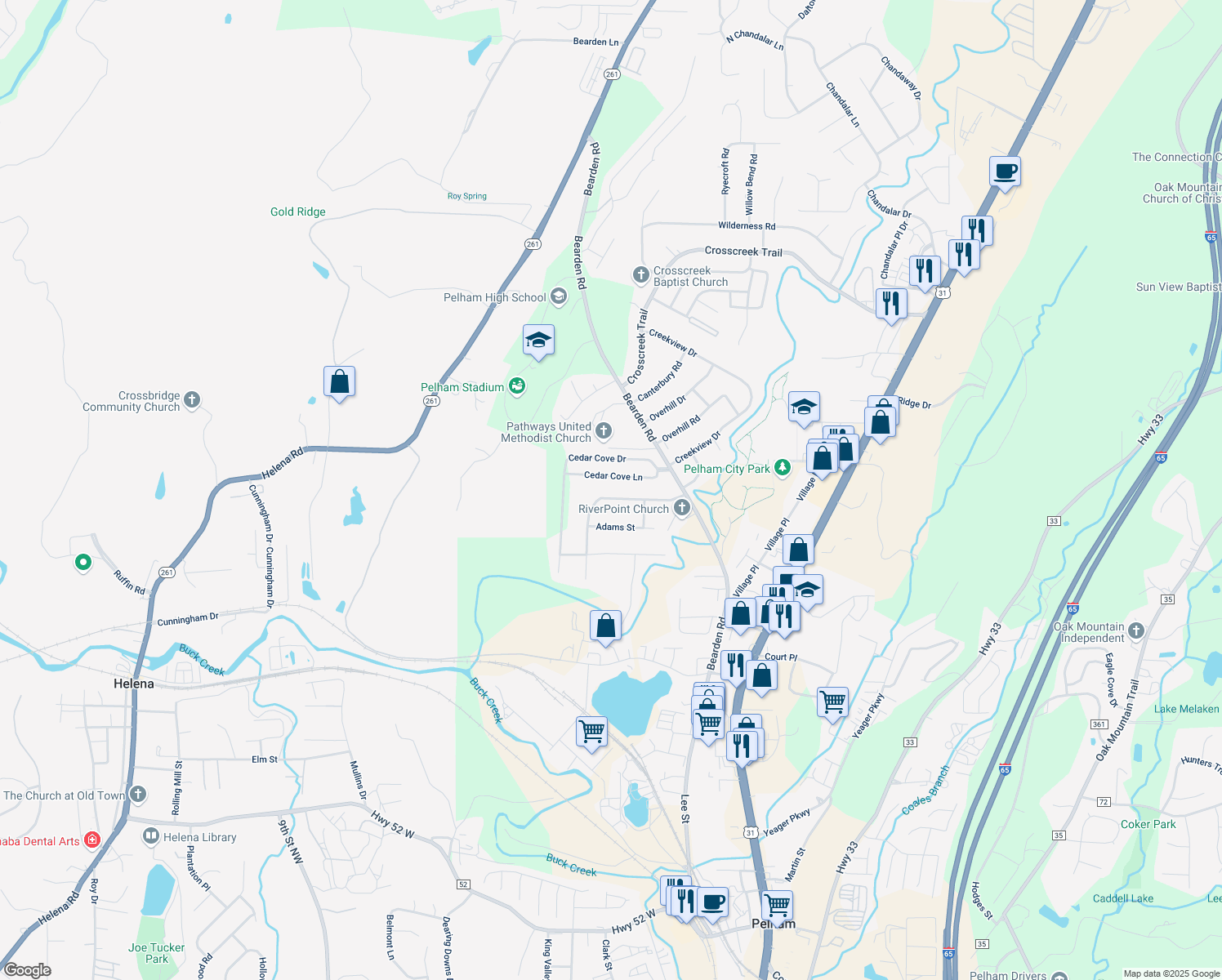 map of restaurants, bars, coffee shops, grocery stores, and more near 1228 David Dr in Pelham