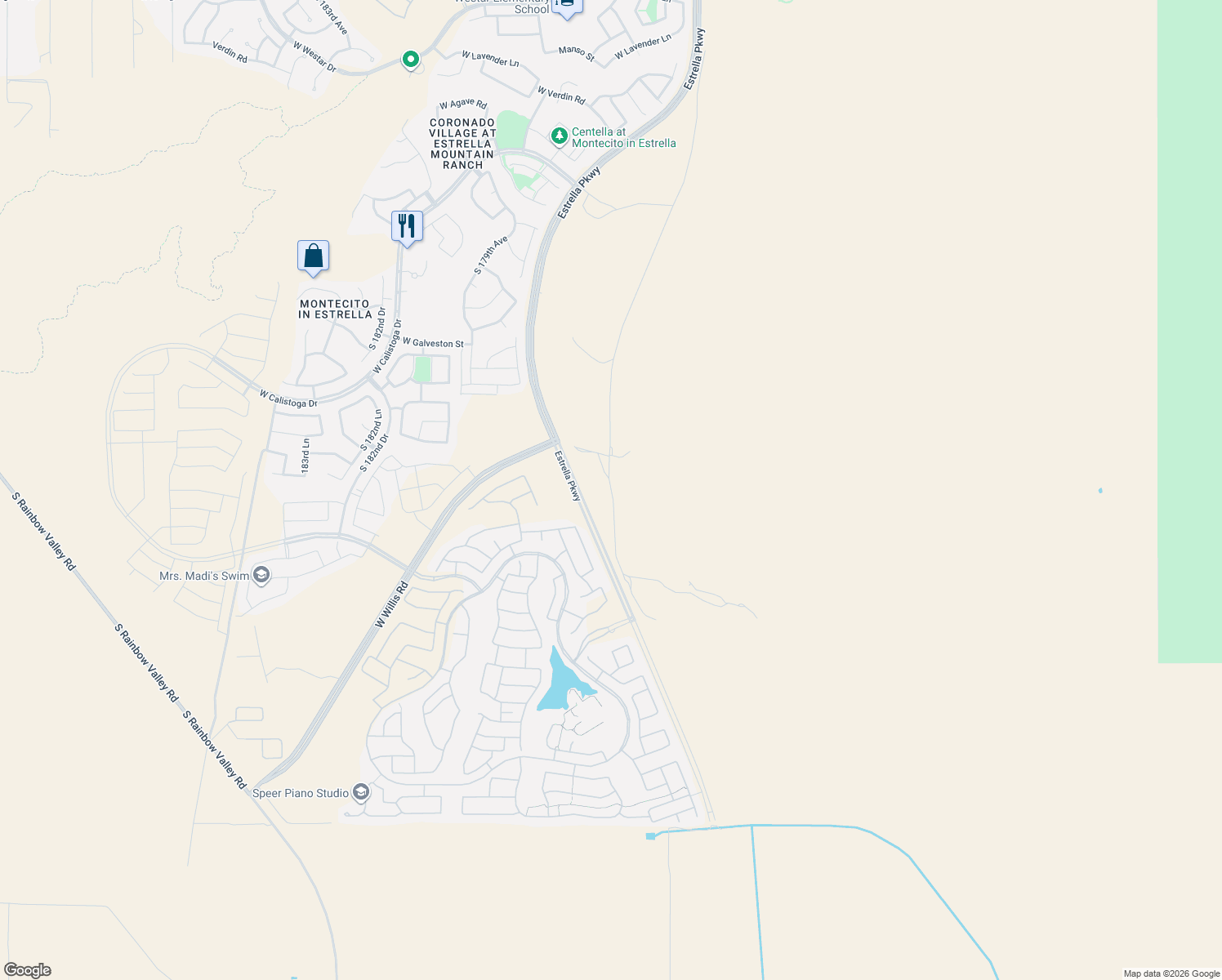 map of restaurants, bars, coffee shops, grocery stores, and more near Willis Road in Goodyear