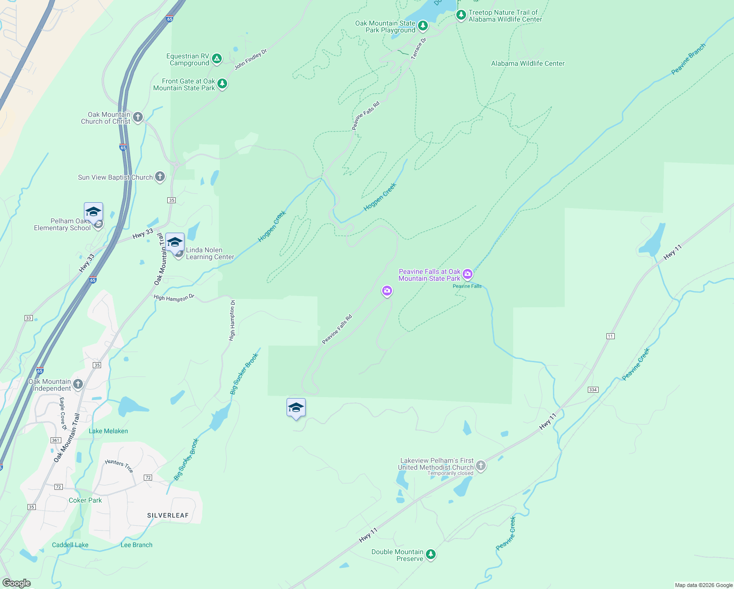 map of restaurants, bars, coffee shops, grocery stores, and more near Peavine Falls Road in Pelham