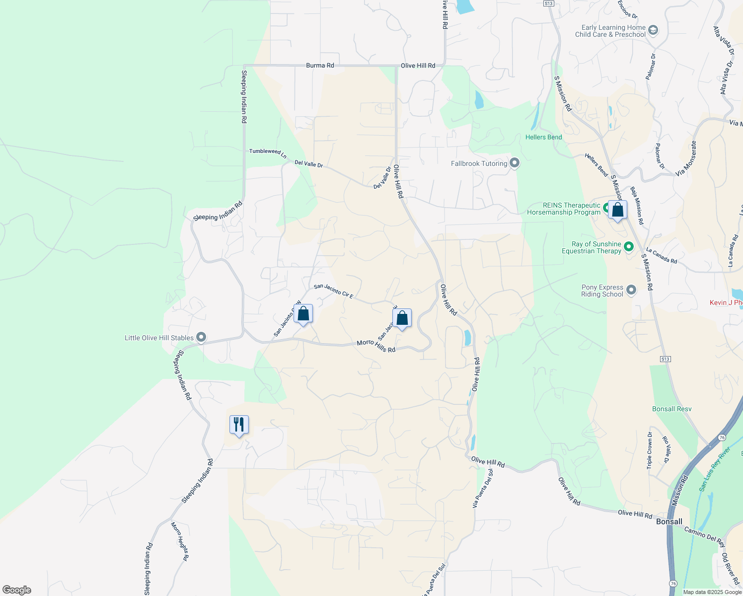 map of restaurants, bars, coffee shops, grocery stores, and more near 4938 San Jacinto Circle East in Fallbrook
