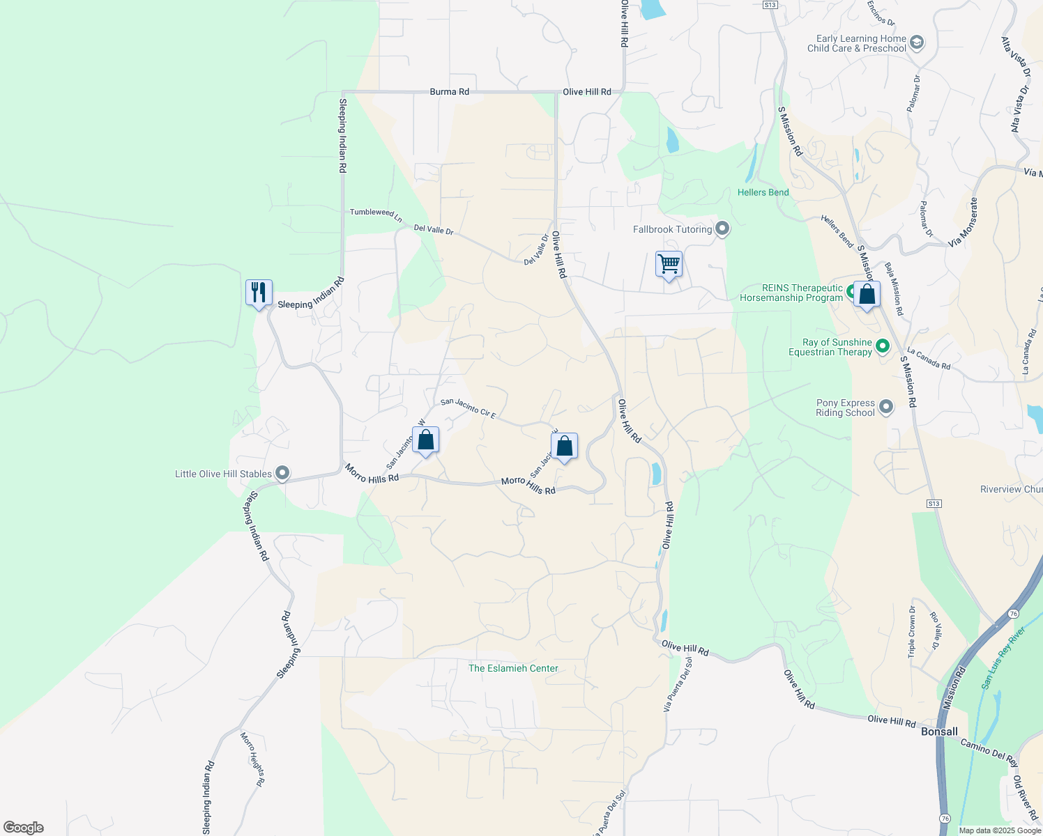 map of restaurants, bars, coffee shops, grocery stores, and more near 4938 San Jacinto Circle East in Fallbrook
