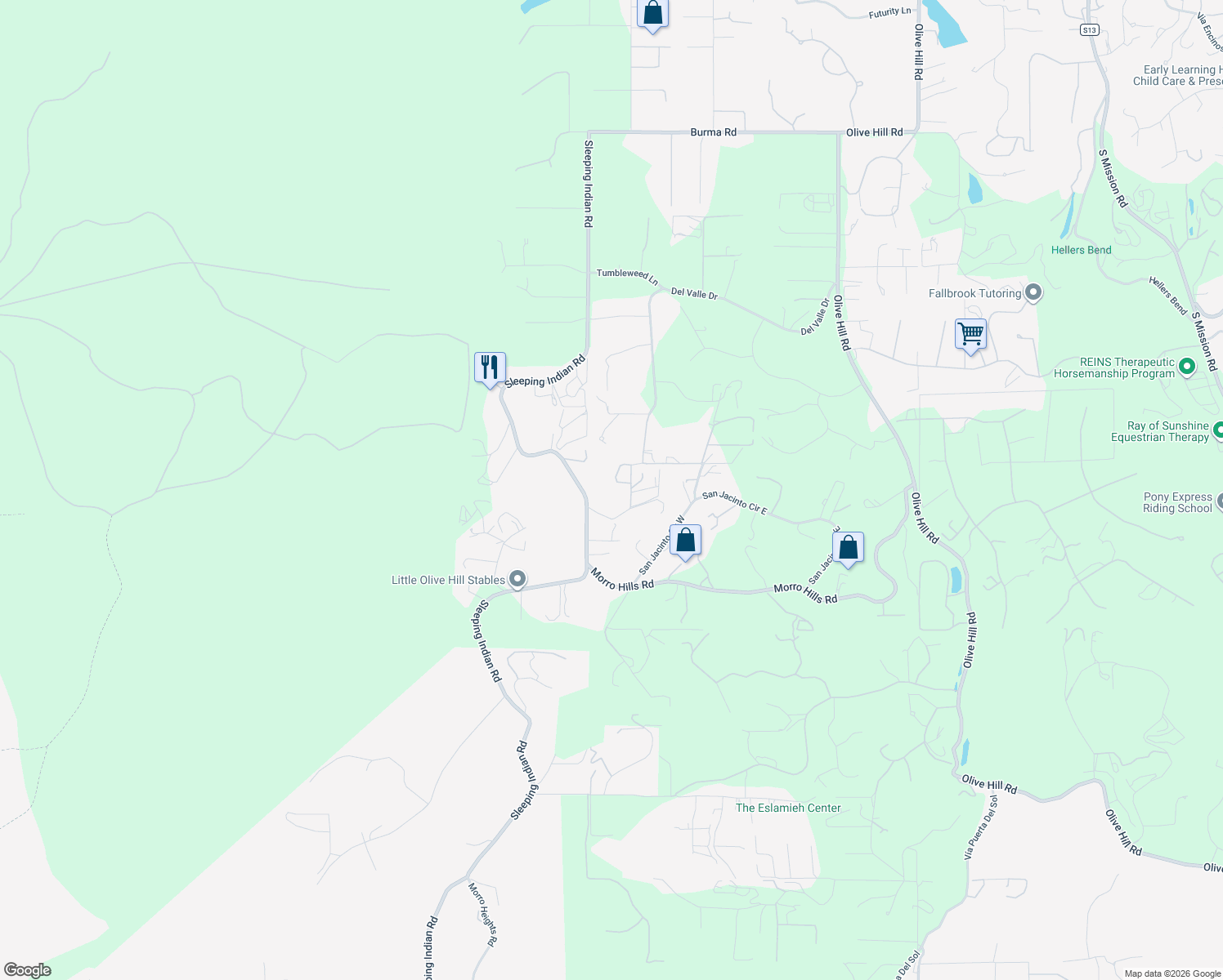 map of restaurants, bars, coffee shops, grocery stores, and more near 4782 Sleeping Indian Road in Fallbrook
