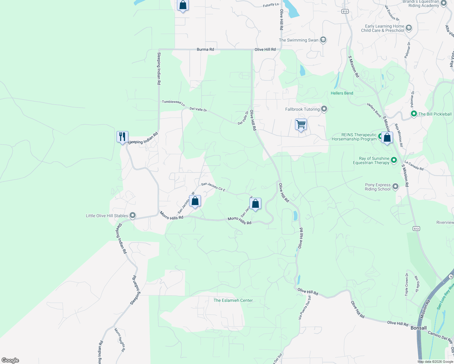 map of restaurants, bars, coffee shops, grocery stores, and more near 4712 Briana Court in Fallbrook