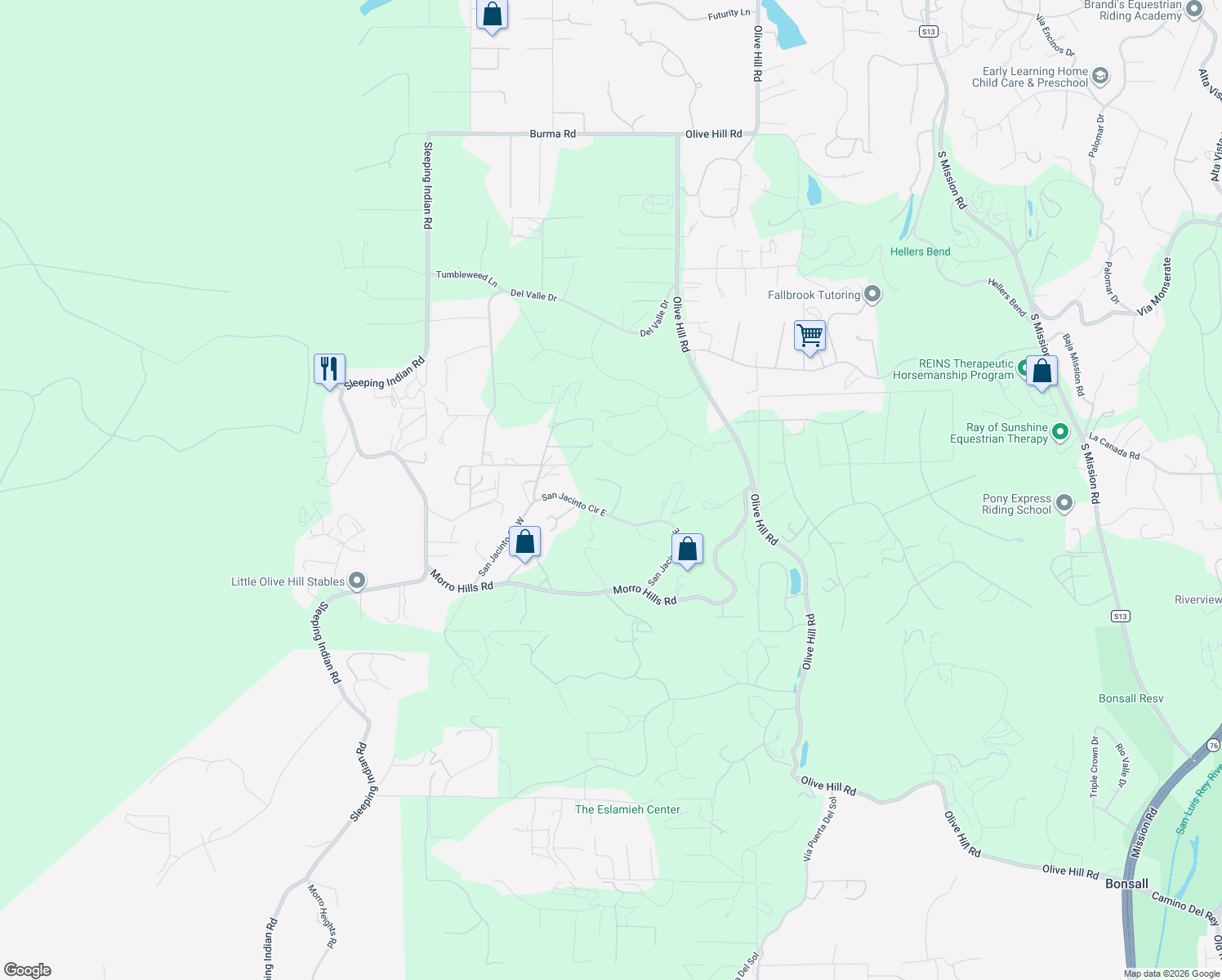 map of restaurants, bars, coffee shops, grocery stores, and more near 4712 Briana Court in Fallbrook