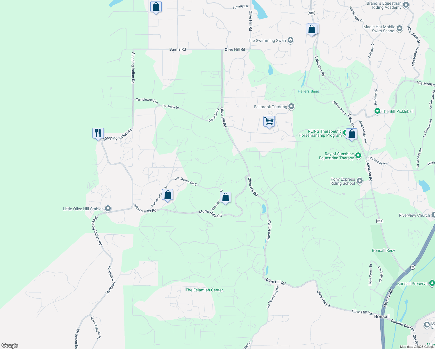 map of restaurants, bars, coffee shops, grocery stores, and more near 4986 San Jacinto Circle East in Fallbrook