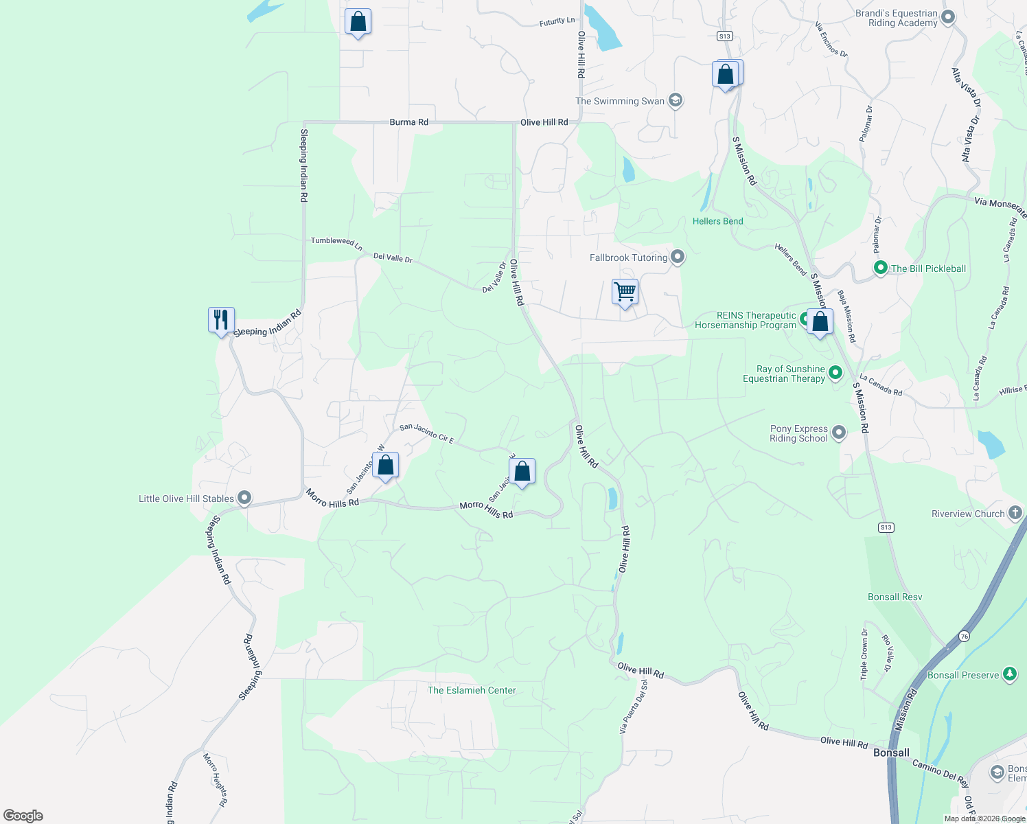 map of restaurants, bars, coffee shops, grocery stores, and more near 4994 San Jacinto Circle East in Fallbrook