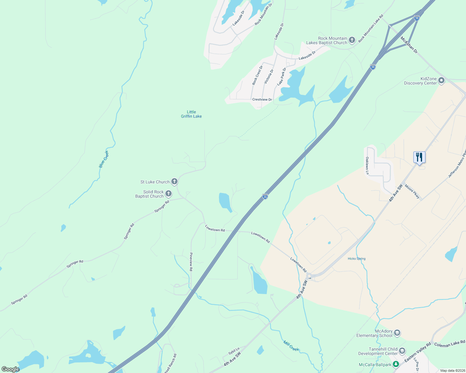 map of restaurants, bars, coffee shops, grocery stores, and more near 6961 Lowetown Road in McCalla