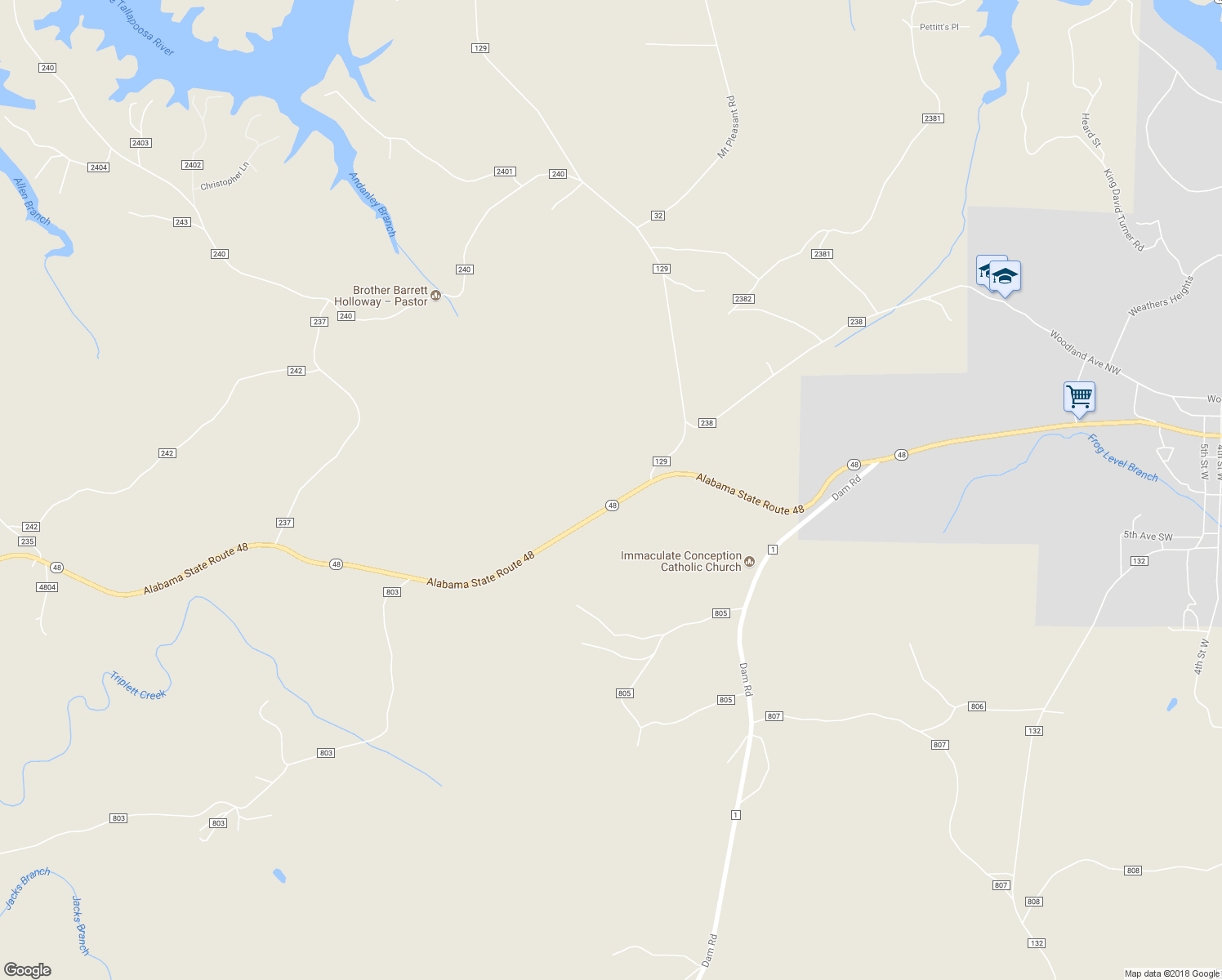 map of restaurants, bars, coffee shops, grocery stores, and more near 93 Wylie Road in Wedowee