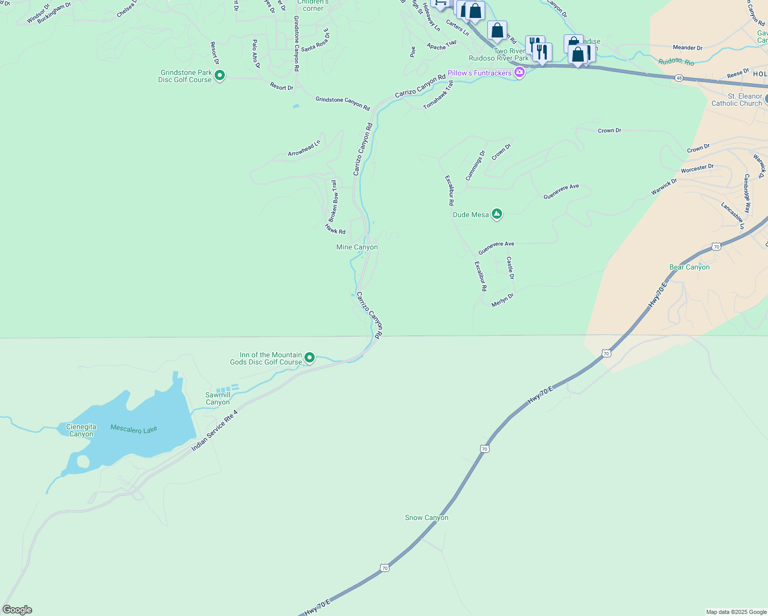 map of restaurants, bars, coffee shops, grocery stores, and more near 913 Carrizo Canyon Road in Ruidoso
