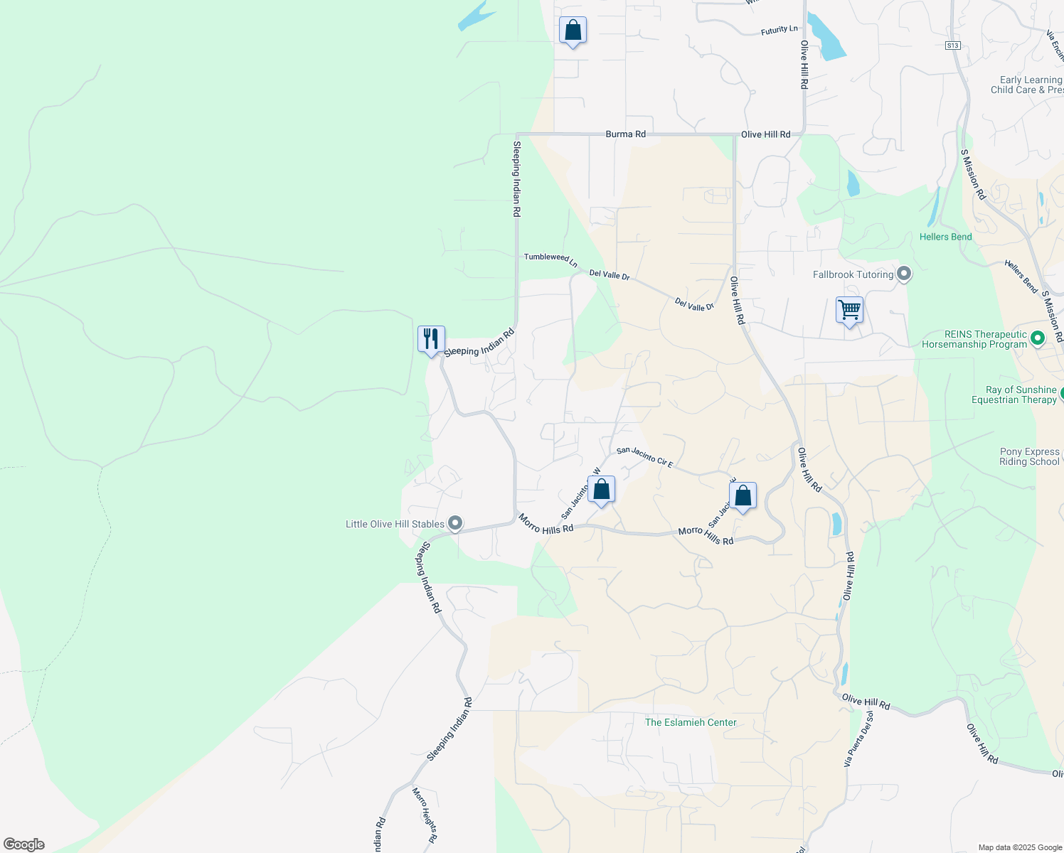 map of restaurants, bars, coffee shops, grocery stores, and more near 4782 Sleeping Indian Road in Fallbrook