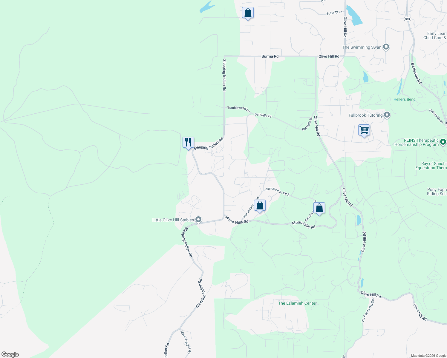map of restaurants, bars, coffee shops, grocery stores, and more near 4710 Sleeping Indian Road in Fallbrook