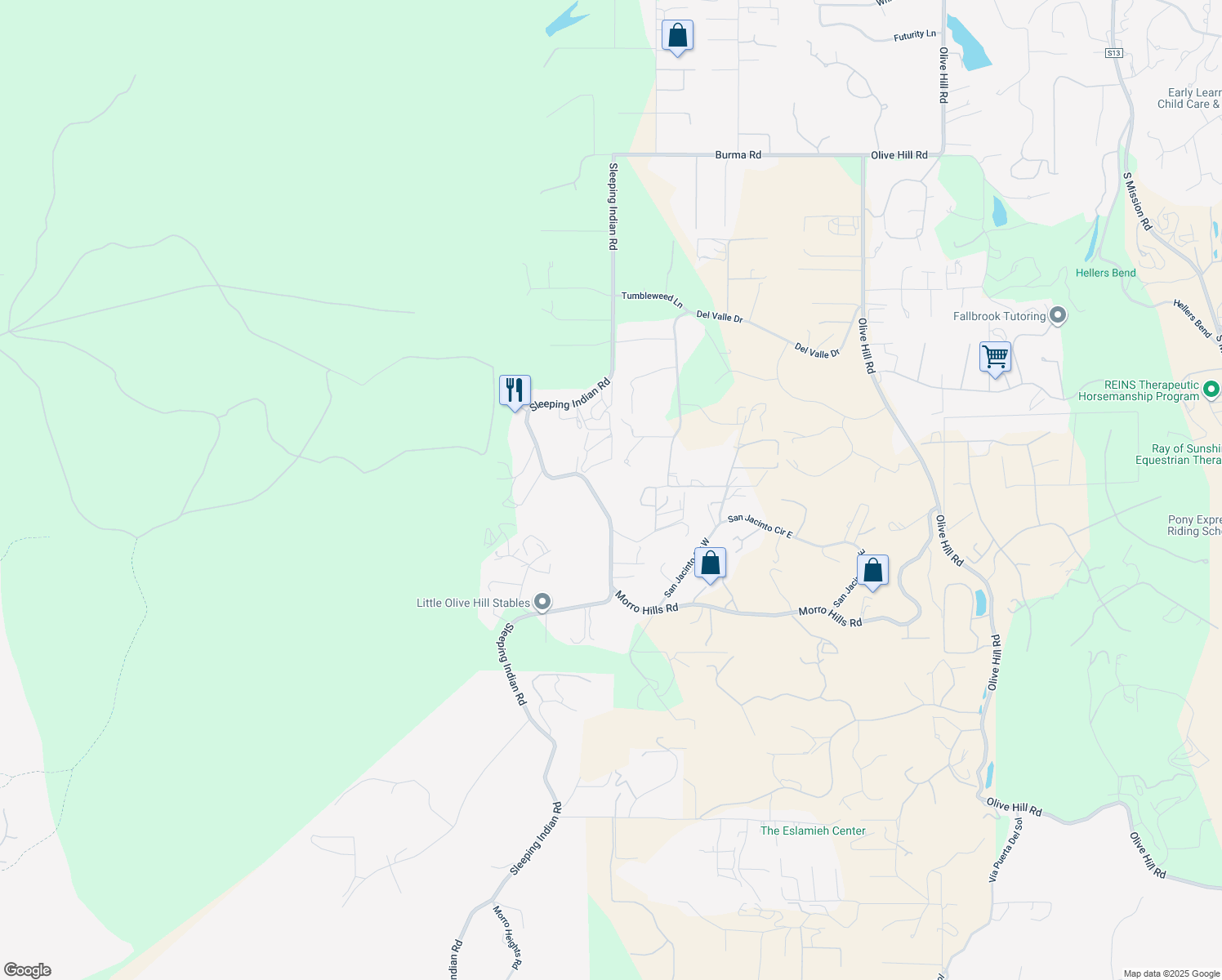 map of restaurants, bars, coffee shops, grocery stores, and more near 4710 Sleeping Indian Road in Fallbrook