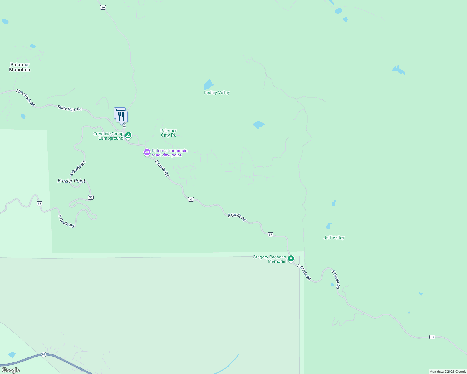 map of restaurants, bars, coffee shops, grocery stores, and more near 22235 Crestline Road in Palomar Mountain