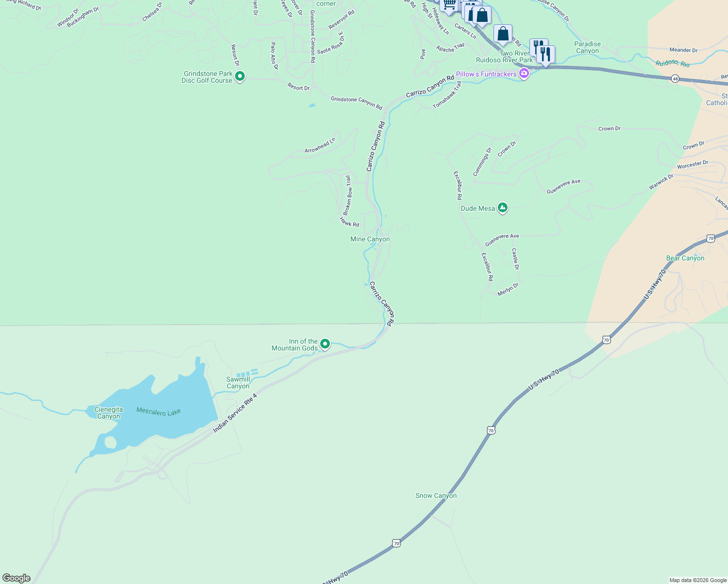 map of restaurants, bars, coffee shops, grocery stores, and more near Carrizo Canyon Road in Ruidoso