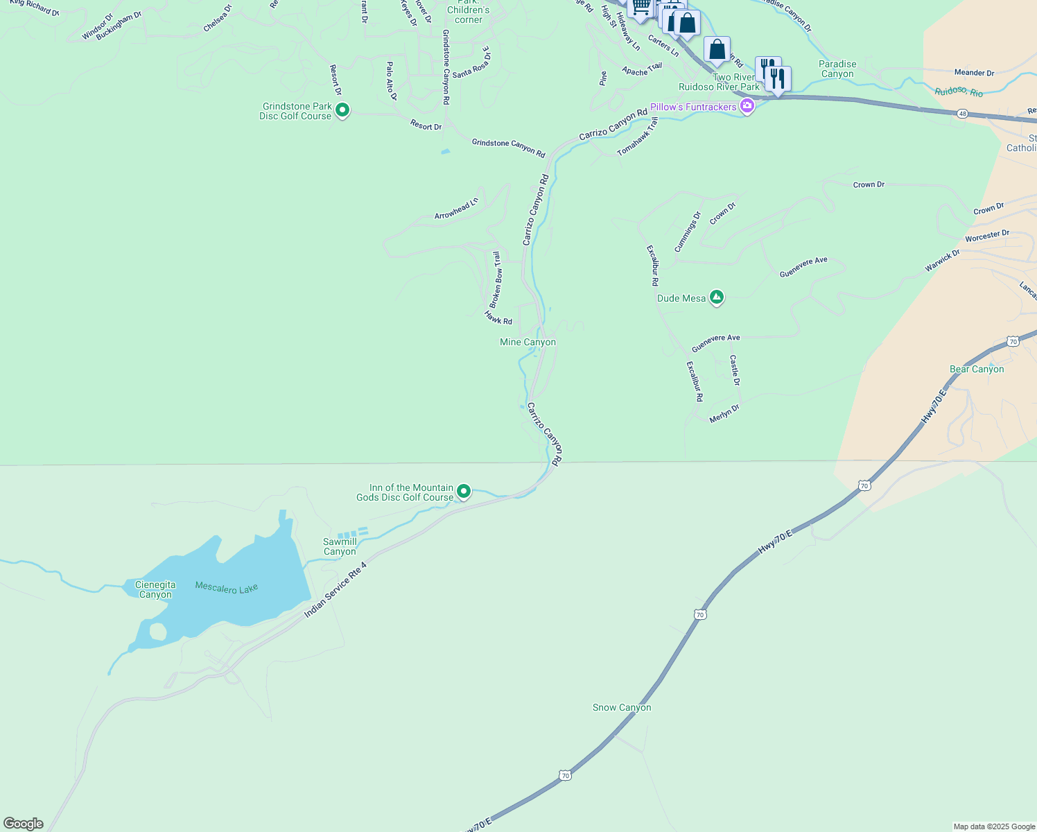 map of restaurants, bars, coffee shops, grocery stores, and more near Carrizo Canyon Road in Ruidoso