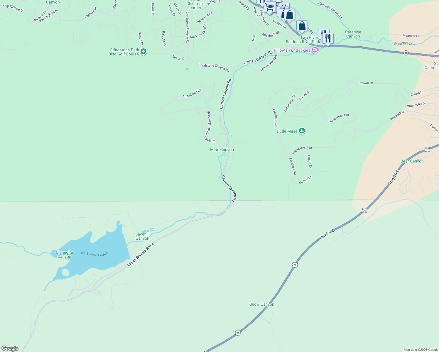 map of restaurants, bars, coffee shops, grocery stores, and more near Carrizo Canyon Road in Ruidoso