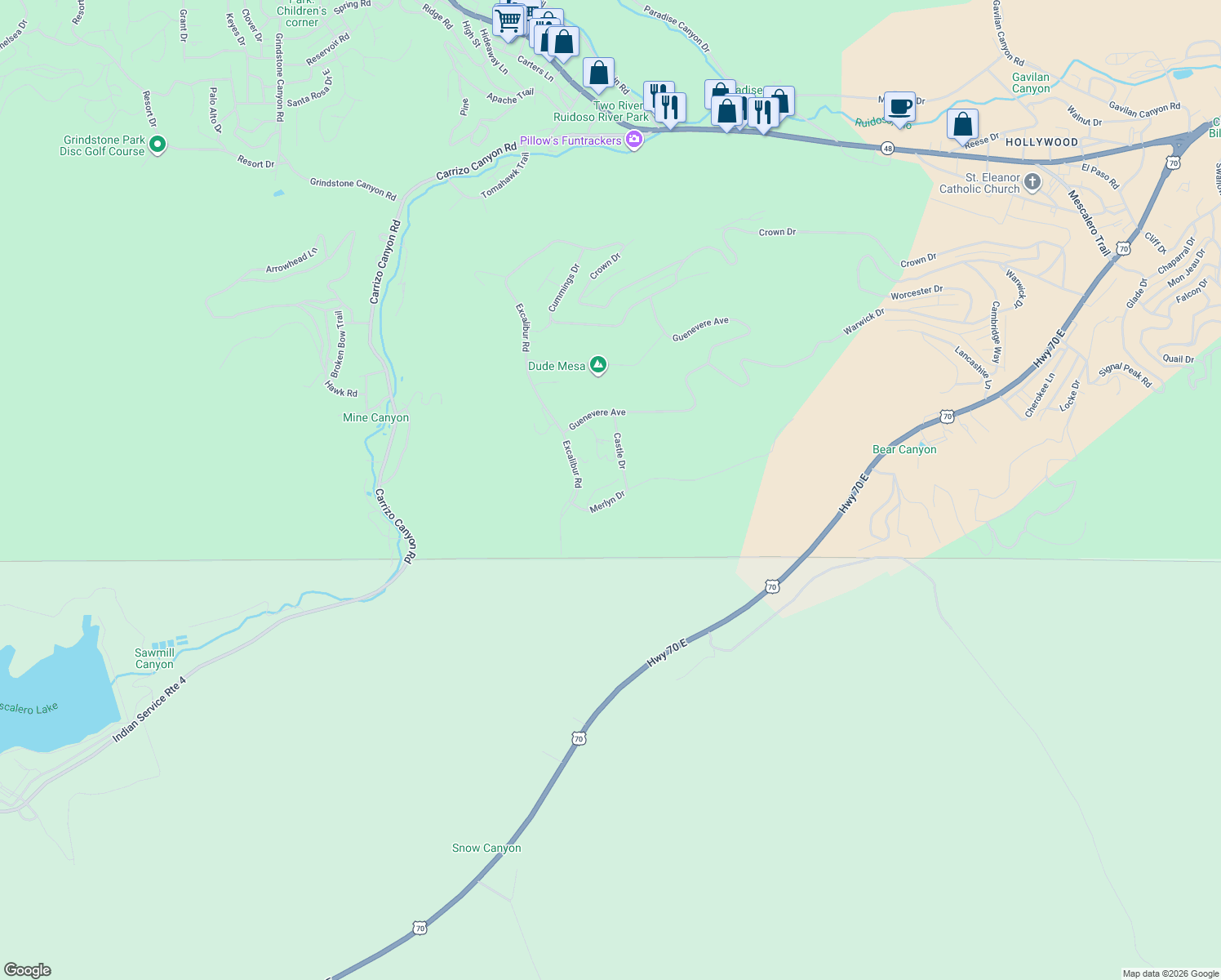 map of restaurants, bars, coffee shops, grocery stores, and more near 107 Avalon Court in Ruidoso