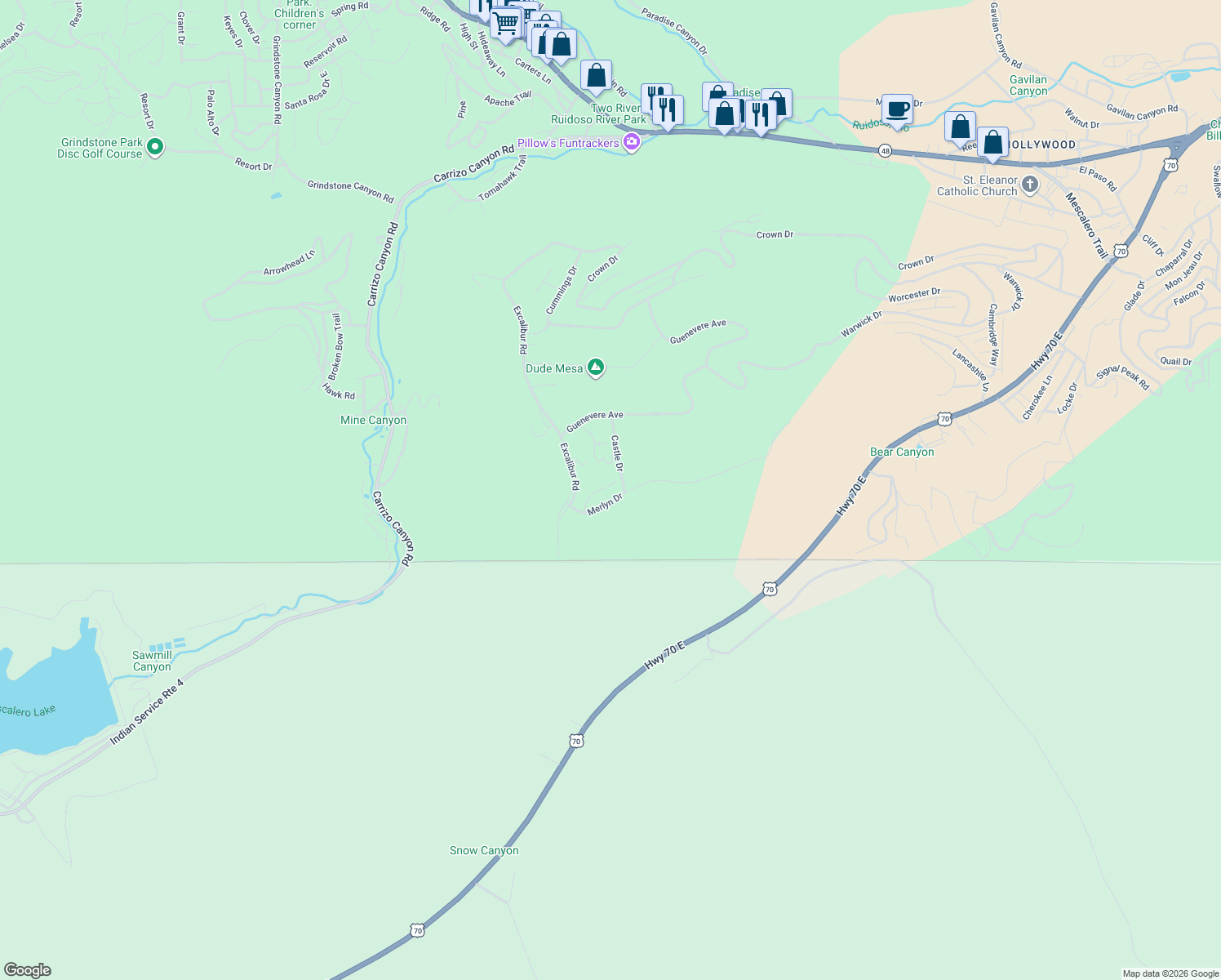 map of restaurants, bars, coffee shops, grocery stores, and more near 107 Avalon Court in Ruidoso