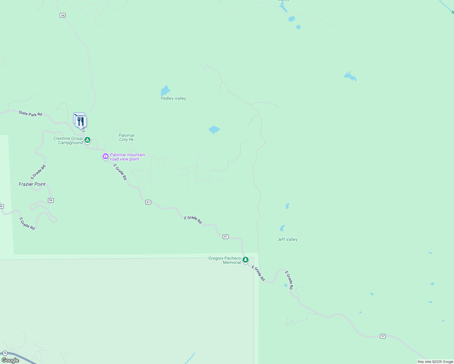 map of restaurants, bars, coffee shops, grocery stores, and more near 32771 Birch Hill Road in Palomar Mountain
