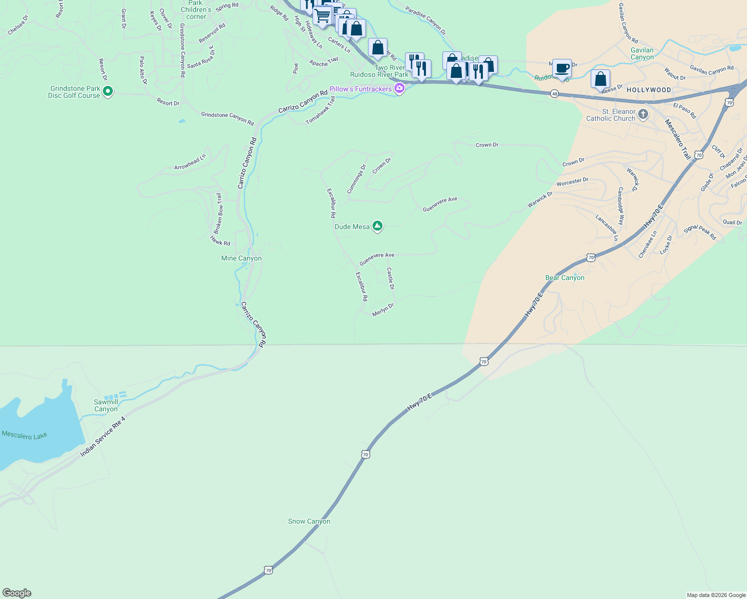 map of restaurants, bars, coffee shops, grocery stores, and more near 509 Excalibur Road in Ruidoso