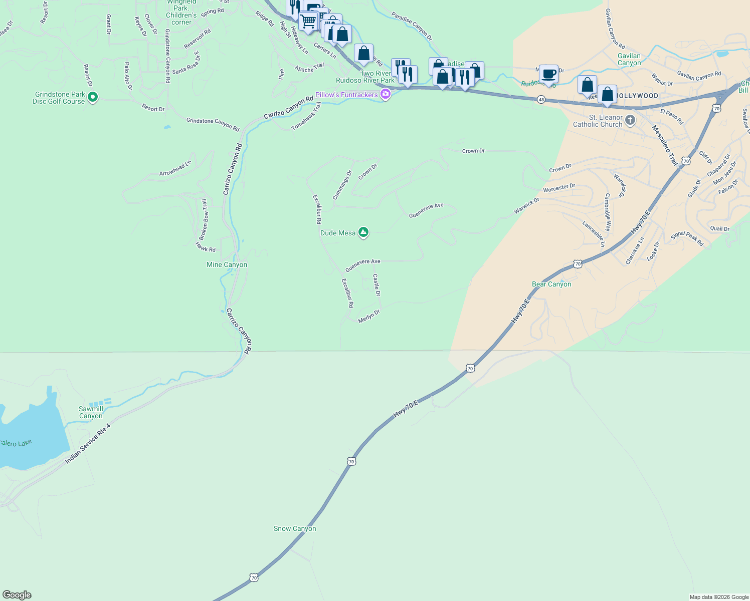 map of restaurants, bars, coffee shops, grocery stores, and more near Merlyn Drive in Ruidoso