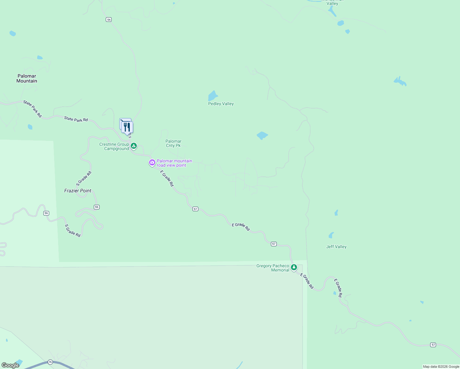 map of restaurants, bars, coffee shops, grocery stores, and more near 22209 Crestline Road in Palomar Mountain